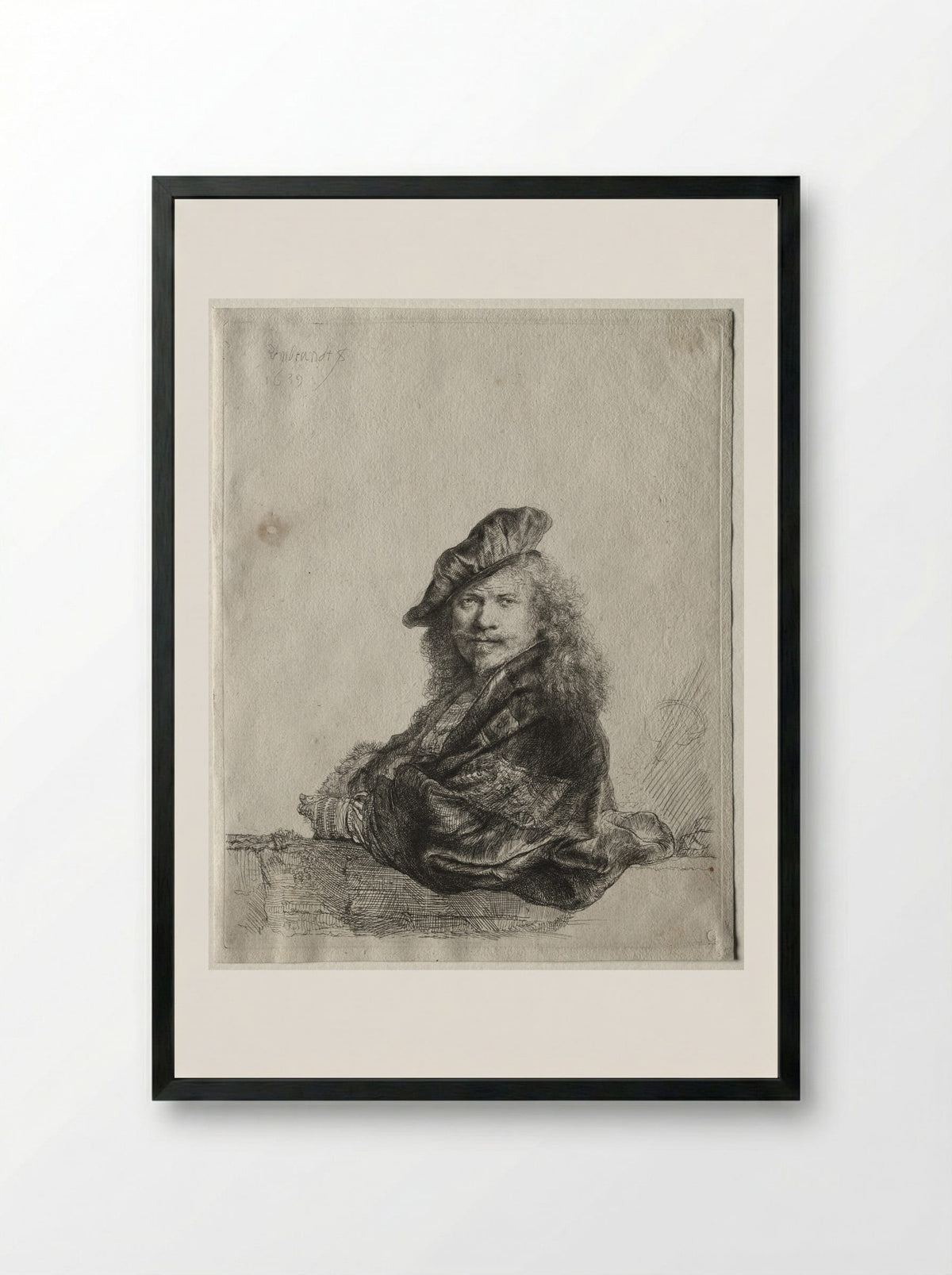 Self-portrait leaning on a stone sill - Rembrandt van Rijn - Framed Print Black