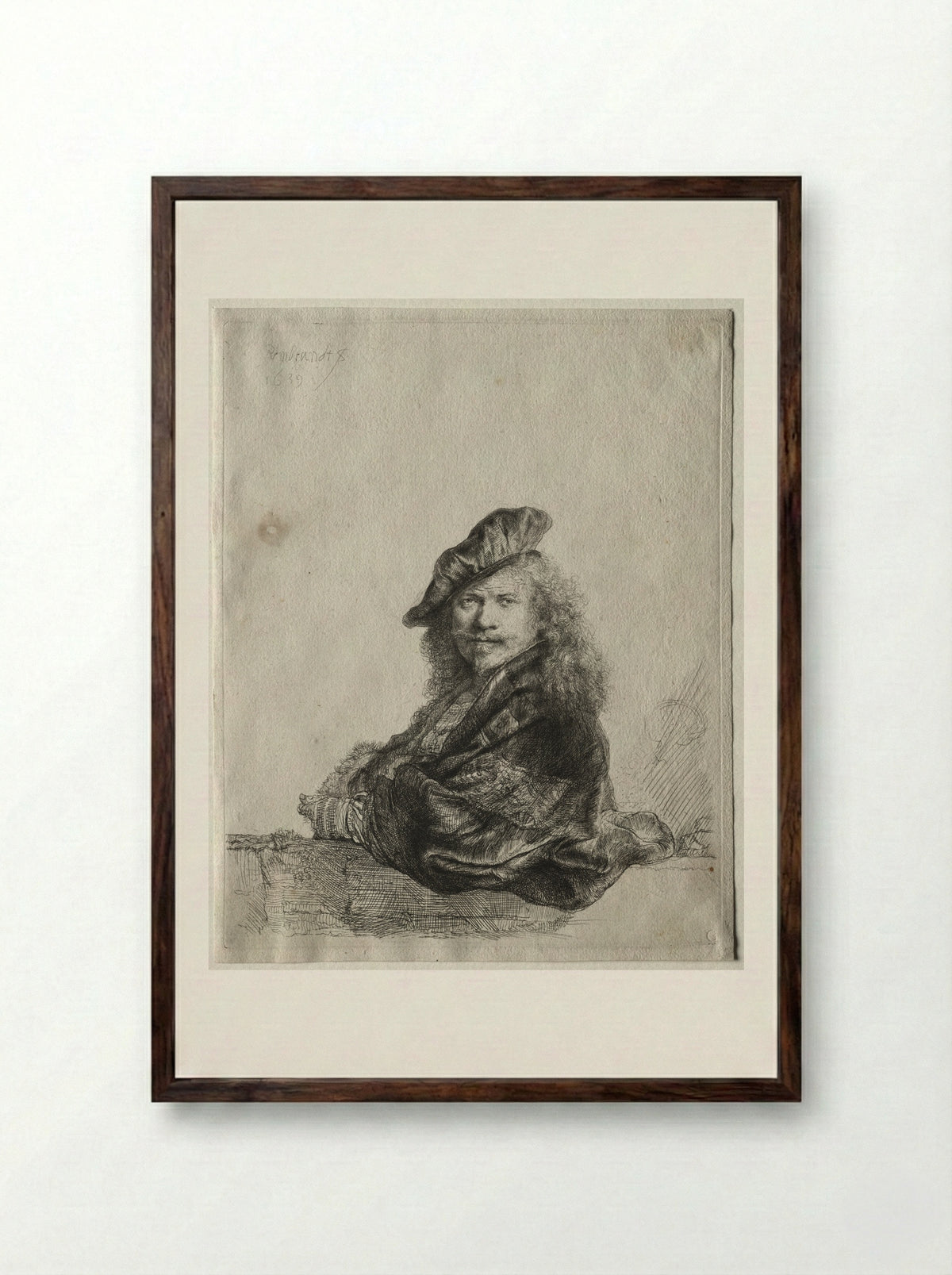 Self-portrait leaning on a stone sill - Rembrandt van Rijn - Framed Print Dark Wood