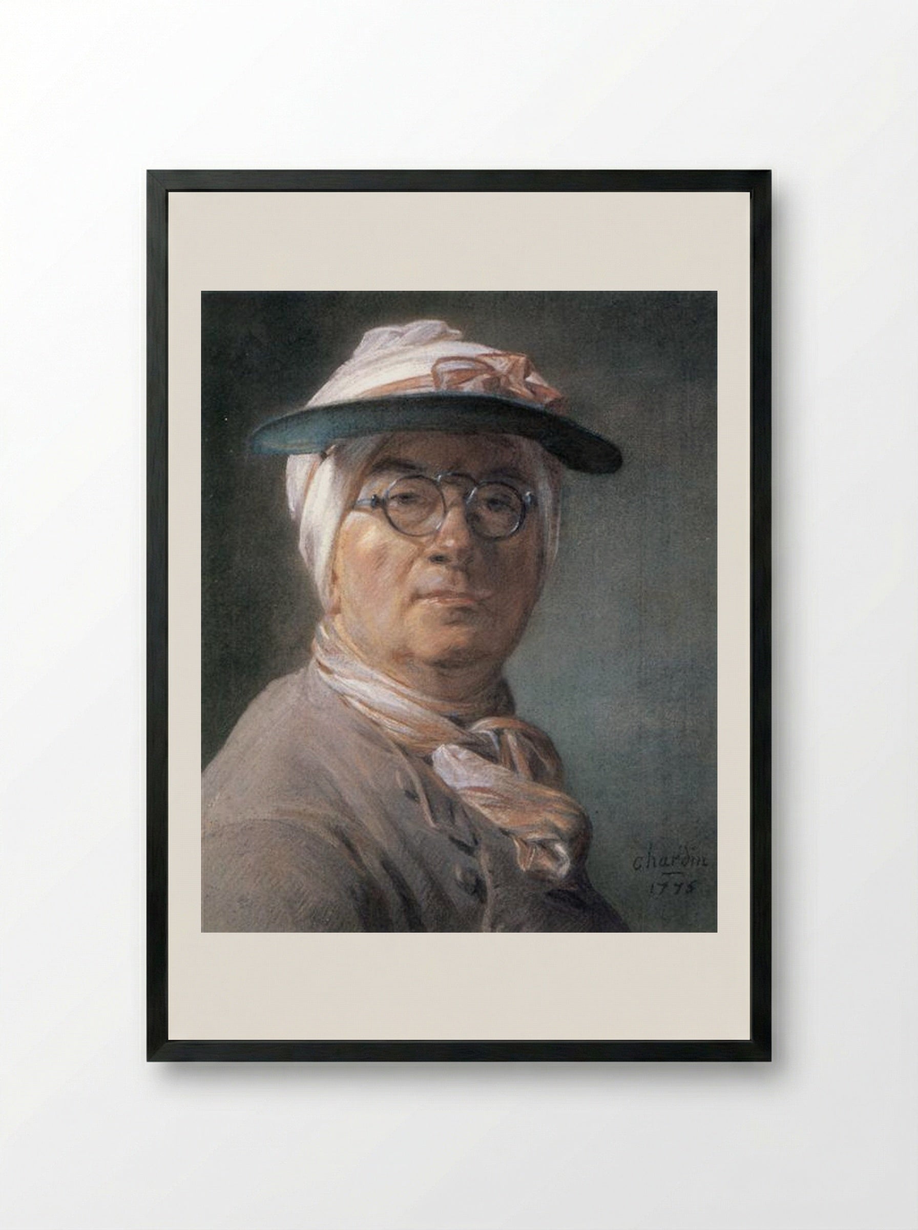 Self-portrait wearing Glasses - Jean-Baptiste-Simeon Chardin - Framed Print Black