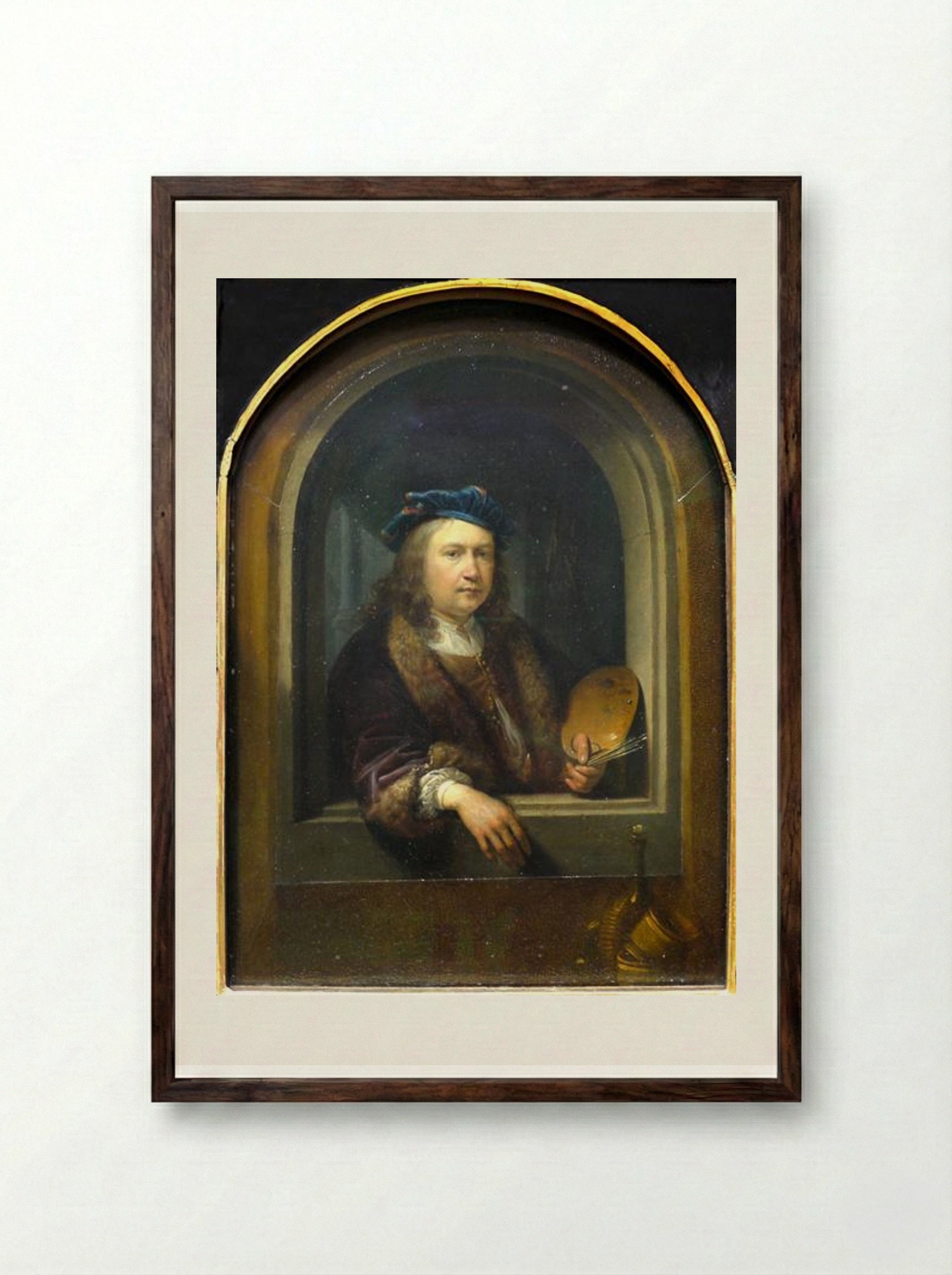 Self-portrait with a Palette, in a Niche - Gerrit Dou - Framed Print Dark Wood