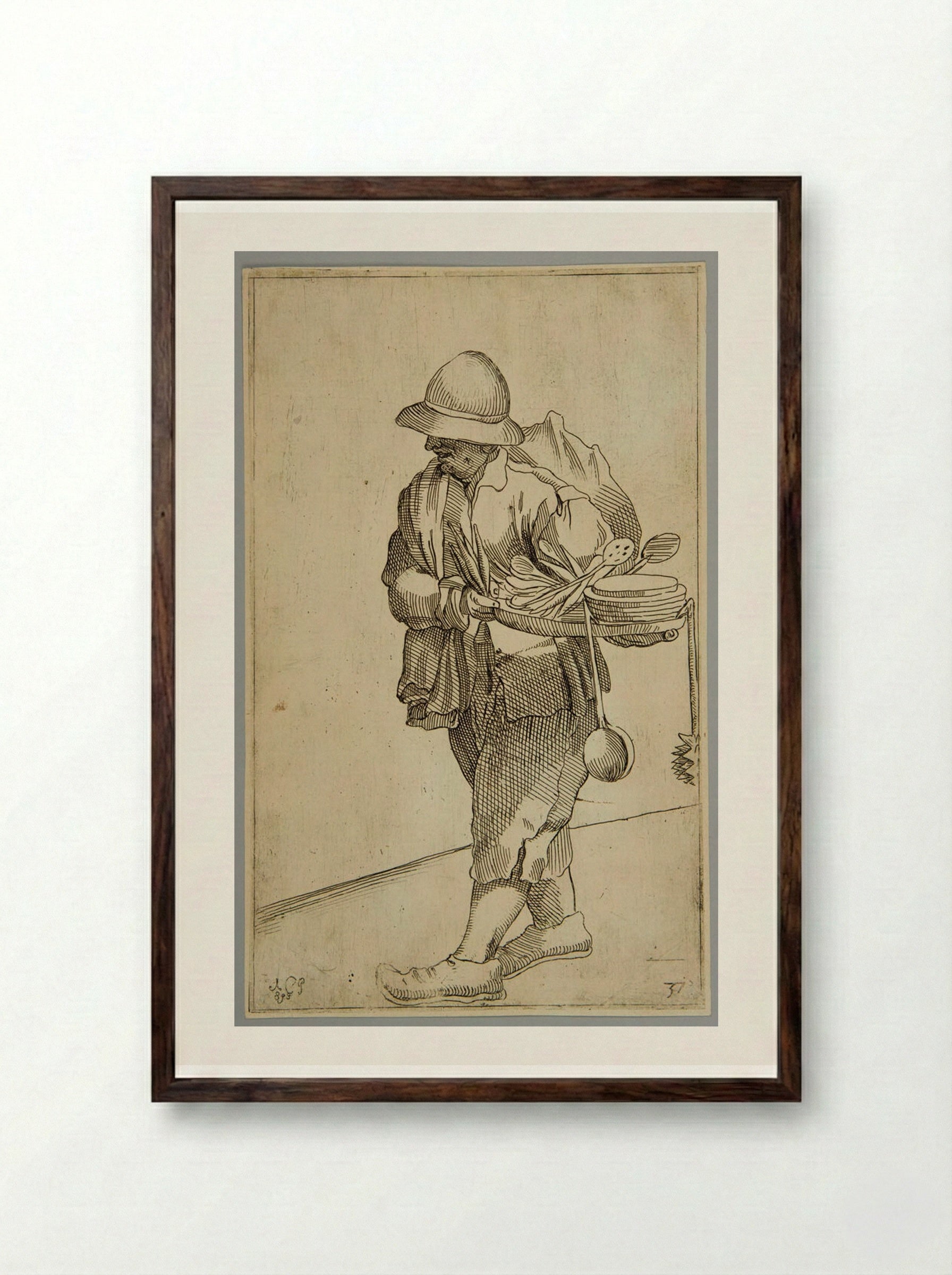Selling mixing spoons, spindles, and platters!, plate 37 - Simon Guillain - Framed Print Dark Wood