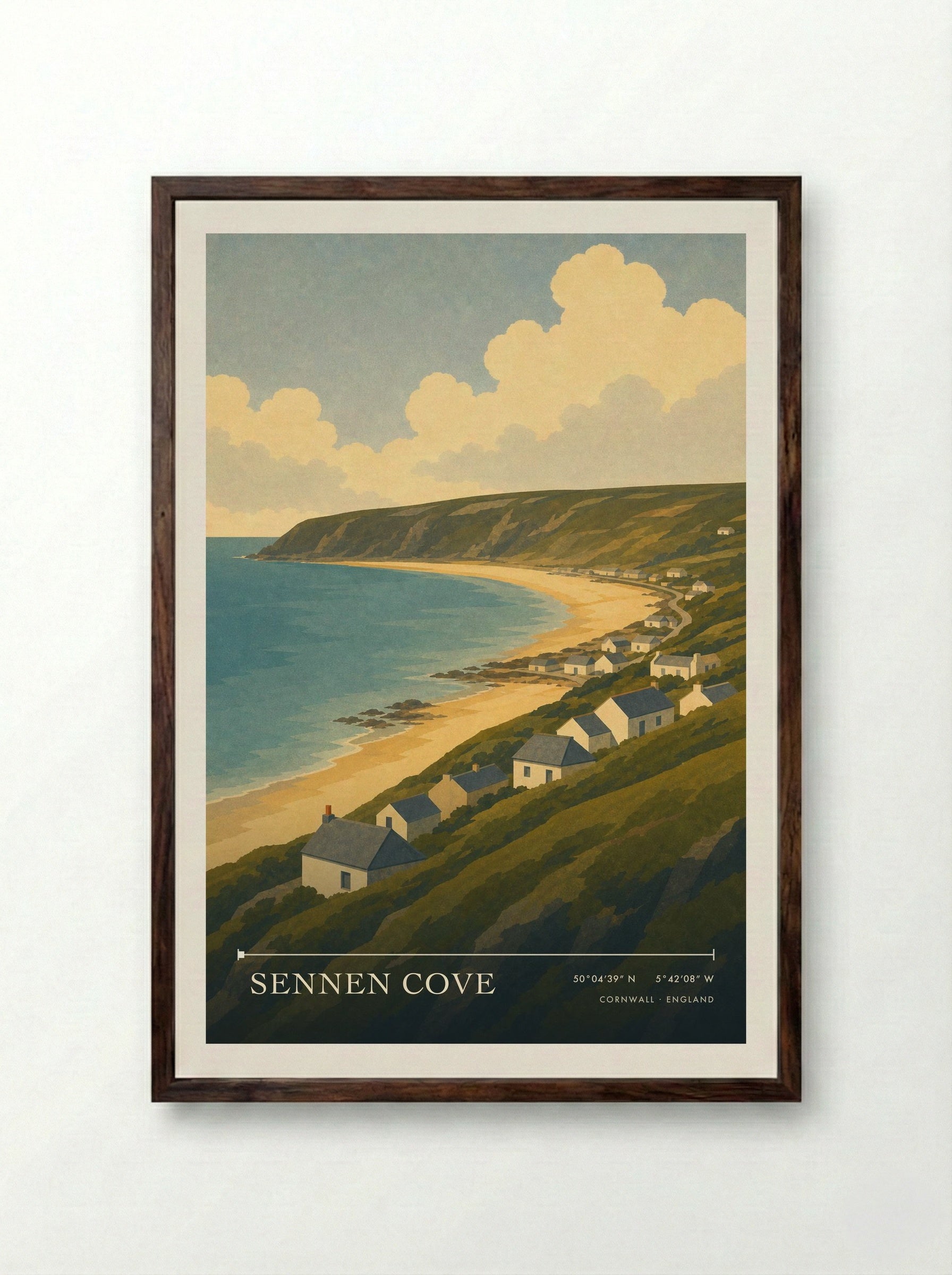 Sennen Cove Cornwall Travel Poster - Framed Print Dark Wood