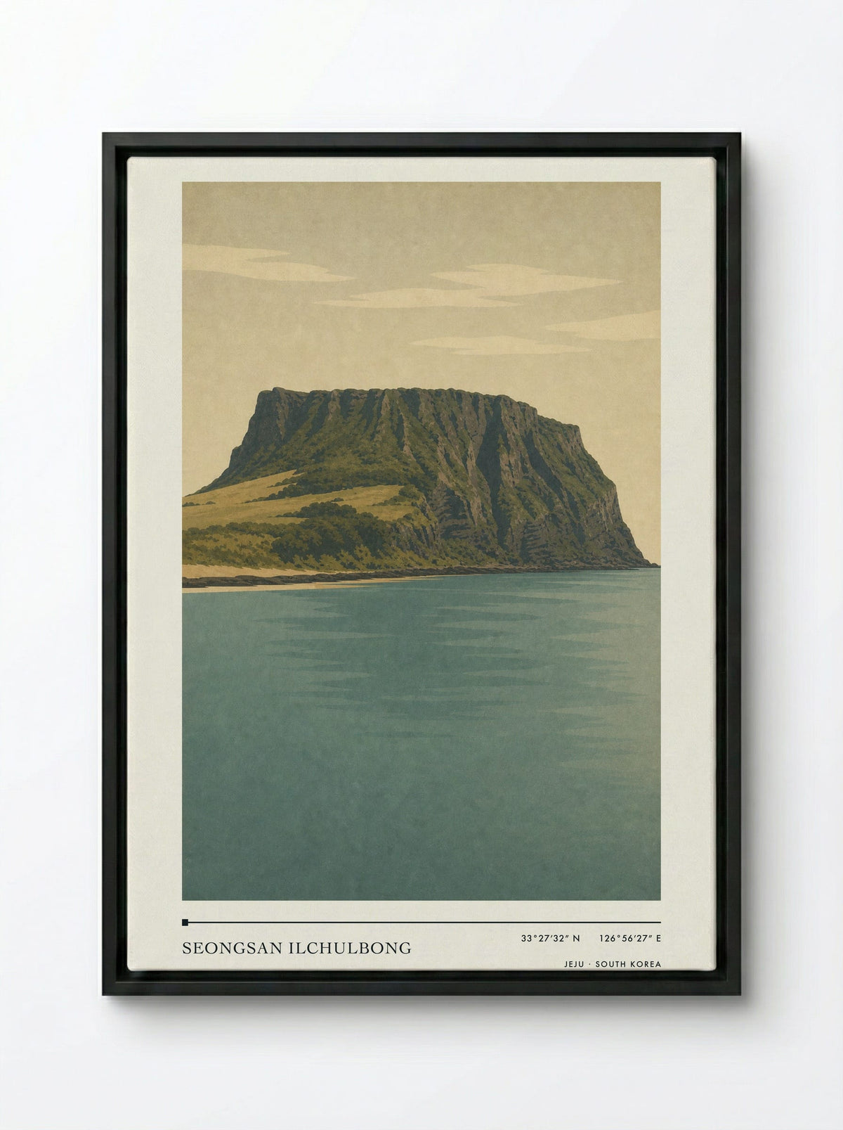 Seongsan Ilchulbong Travel Poster Artwork - Framed Canvas Black