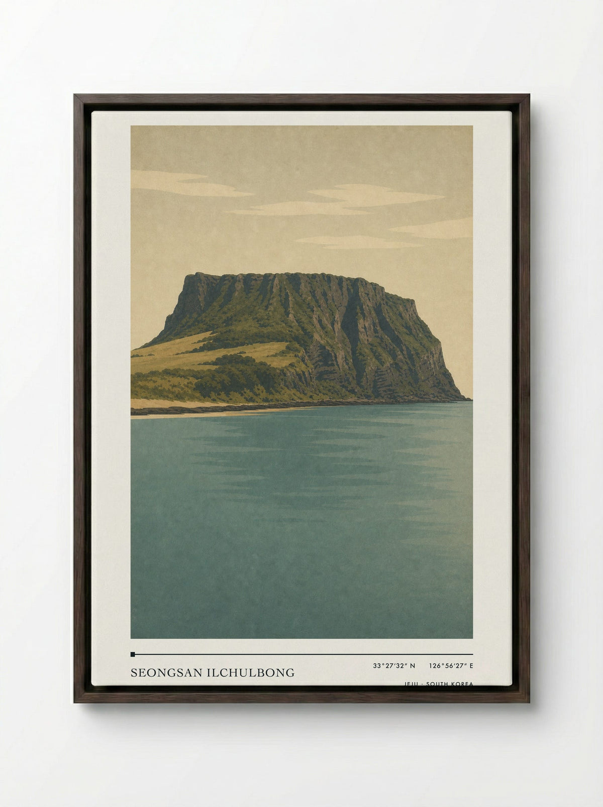 Seongsan Ilchulbong Travel Poster Artwork - Framed Canvas Dark Wood