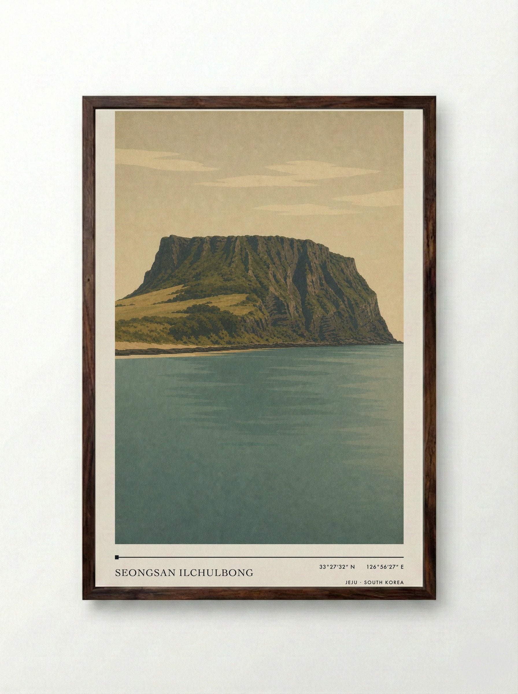 Seongsan Ilchulbong Travel Poster Artwork - Framed Print Dark Wood