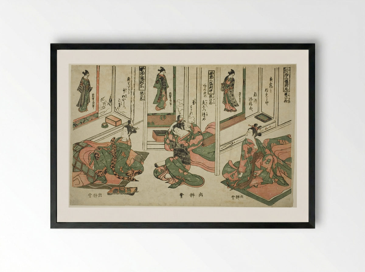 Set of Three Hanging Scrolls, Day Dream Plays - Nishimura Shigenaga - Framed Print Black