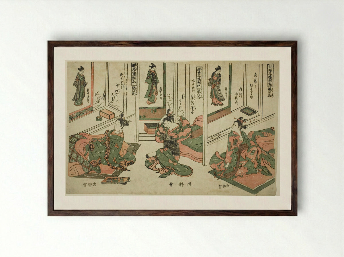 Set of Three Hanging Scrolls, Day Dream Plays - Nishimura Shigenaga - Framed Print Dark Wood