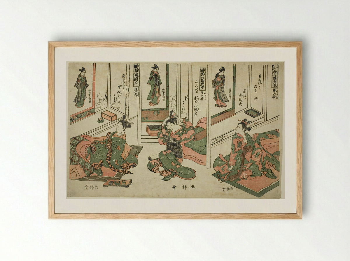 Set of Three Hanging Scrolls, Day Dream Plays - Nishimura Shigenaga - Framed Print Wood