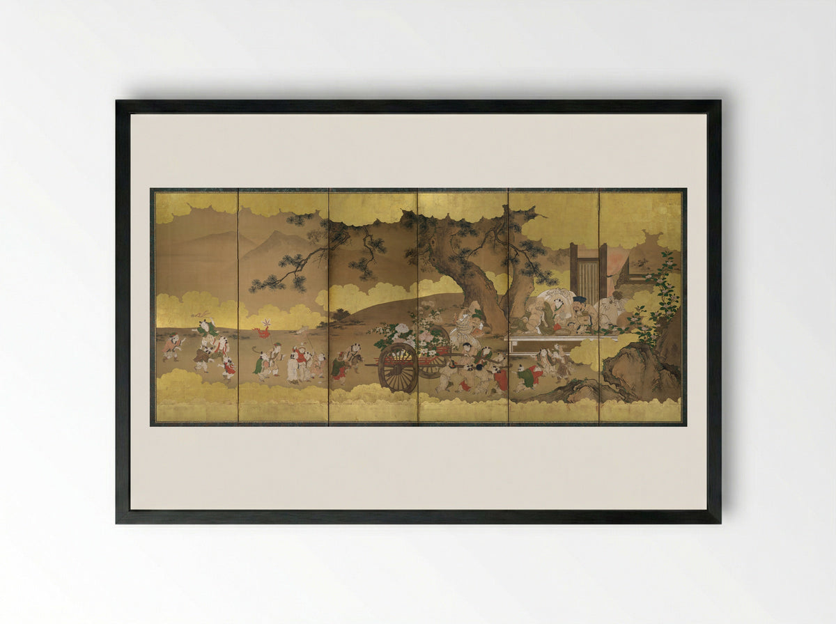 Seven Gods of Good Fortune and Chinese Children - Kano Chikanobu - Framed Print Black