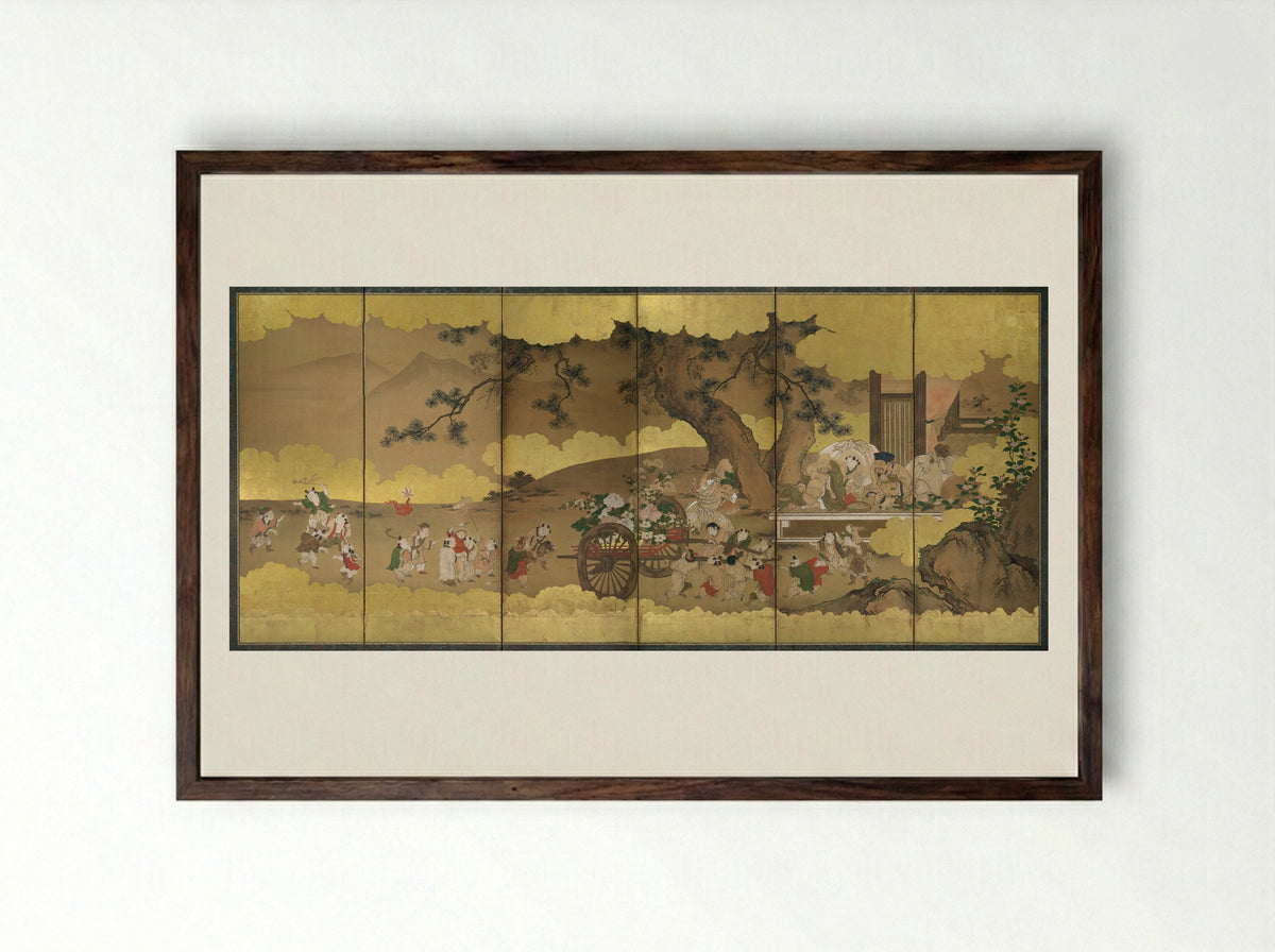Seven Gods of Good Fortune and Chinese Children - Kano Chikanobu - Framed Print Dark Wood