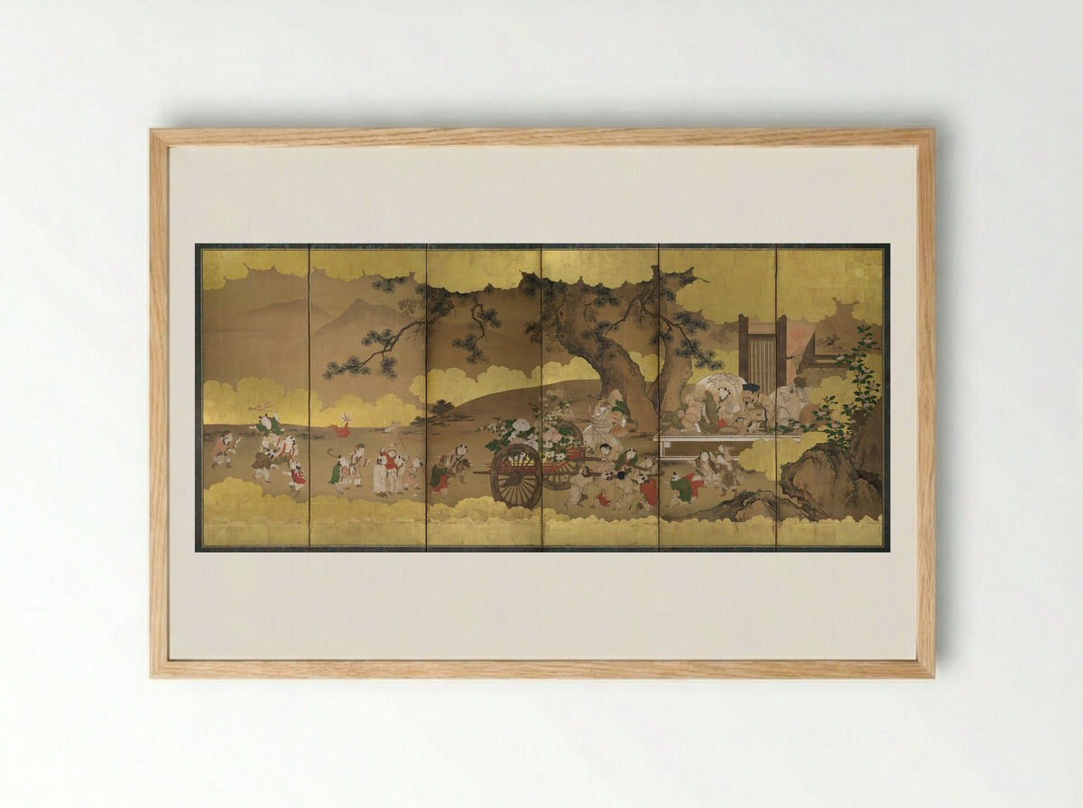 Seven Gods of Good Fortune and Chinese Children - Kano Chikanobu - Framed Print Wood
