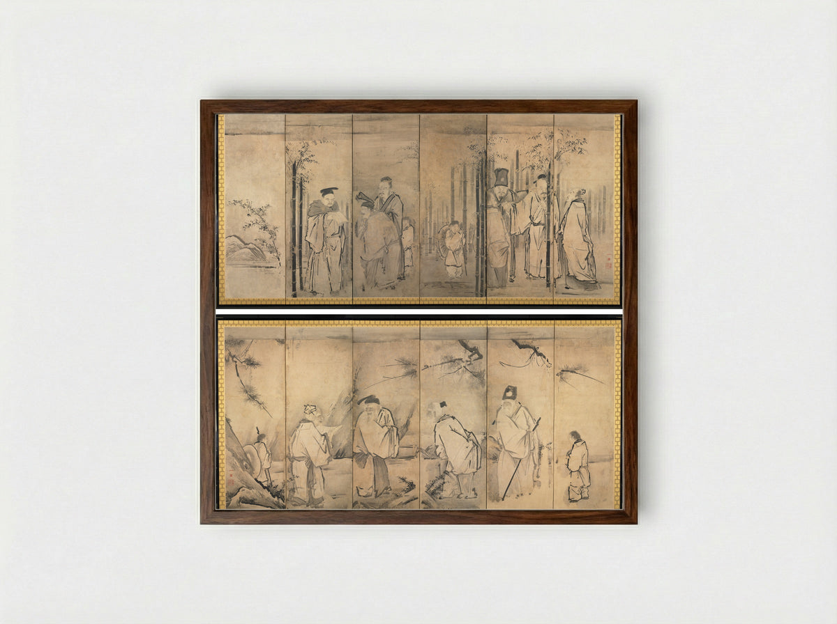 Seven Sages of the Bamboo Grove; Four Elders of Mt. Shang - Kano Tan’yū - Framed Print Dark Wood