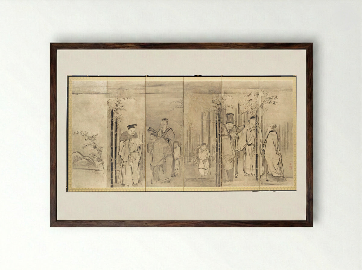 Seven Sages of the Bamboo Grove - Kano Tan'yū - Framed Print Dark Wood