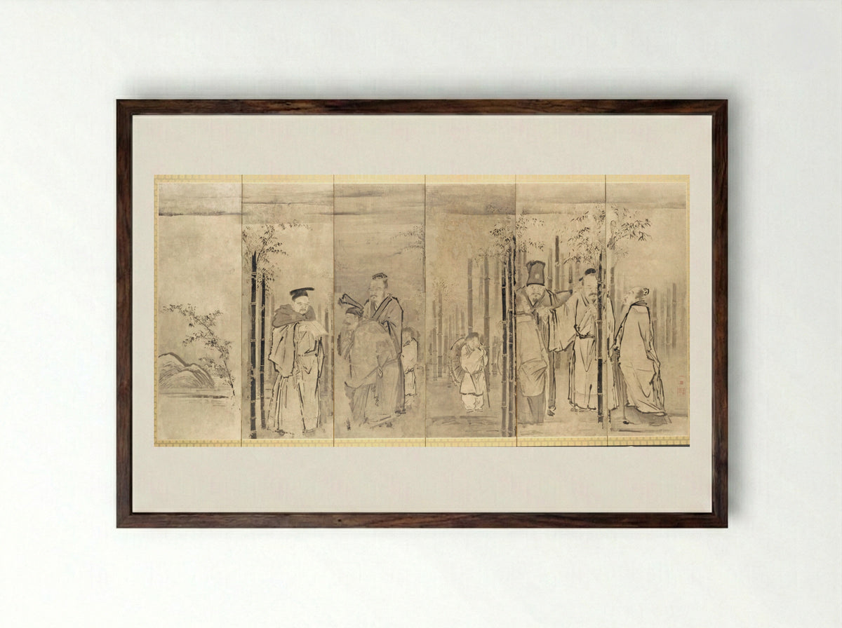 Seven Sages of the Bamboo Grove - Kano Tan'yū - Framed Print Dark Wood
