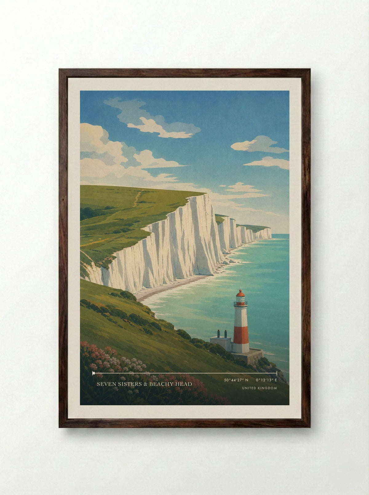 Seven Sisters & Beachy Head | Travel Poster - Framed Print Dark Wood