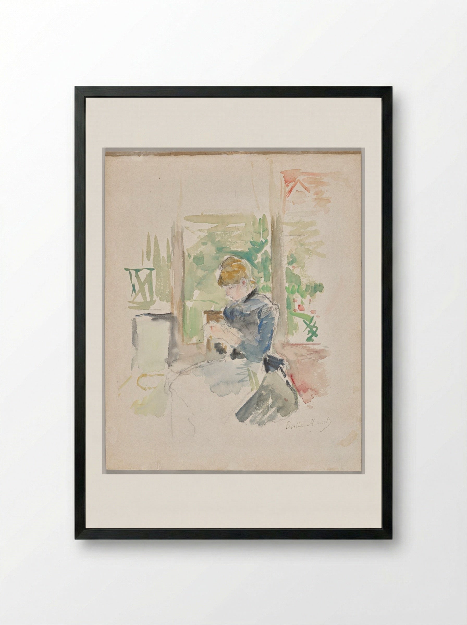 Sewing Near the Window - Berthe Morisot - Framed Print Black
