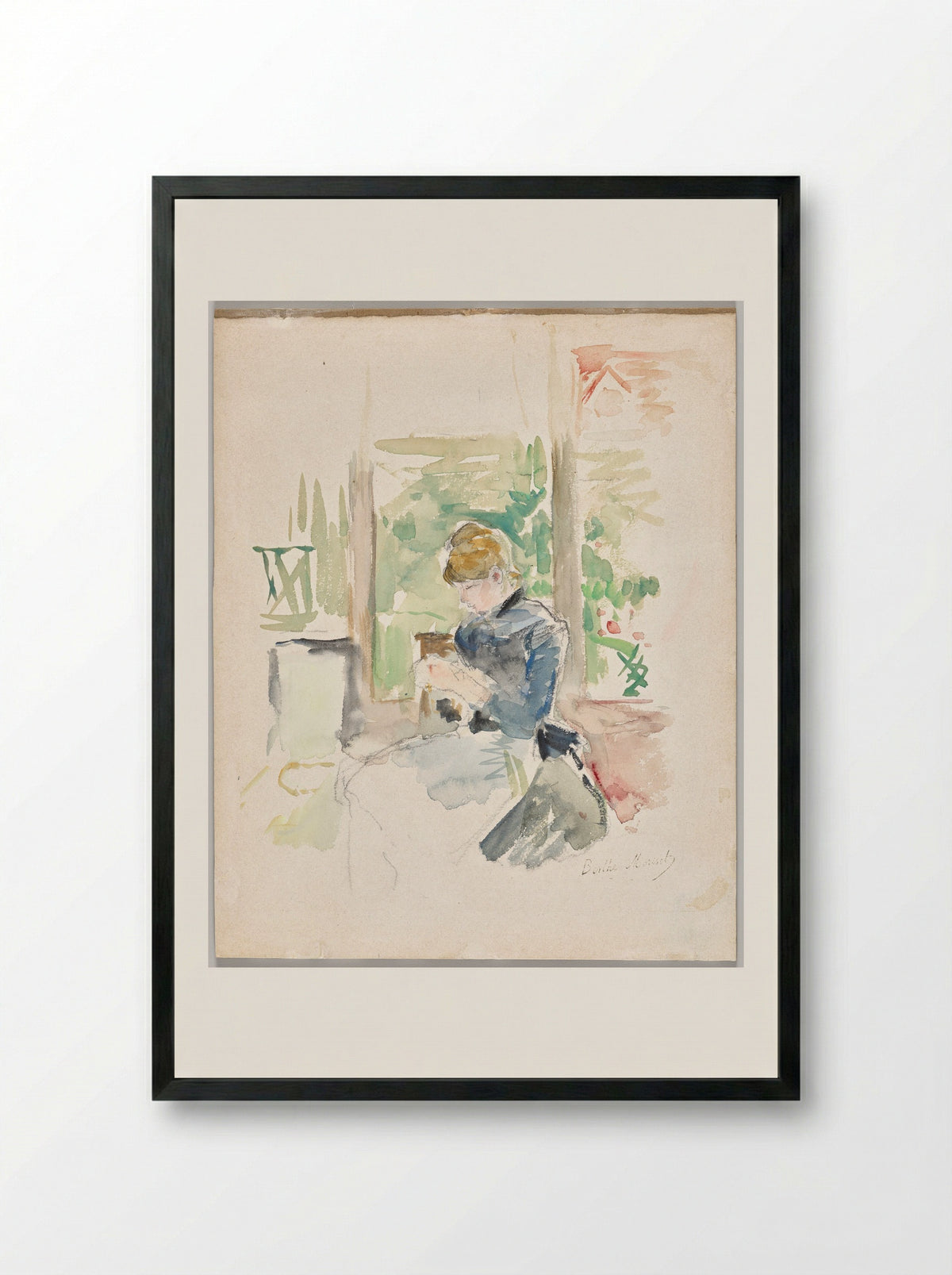 Sewing Near the Window - Berthe Morisot - Framed Print Black
