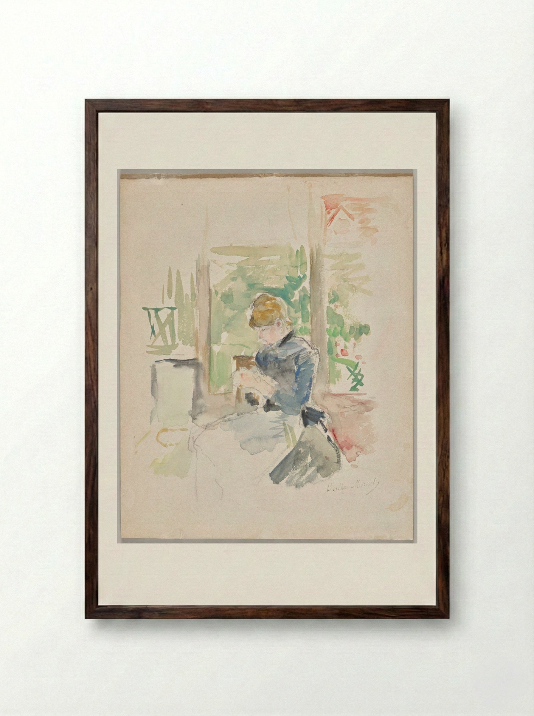 Sewing Near the Window - Berthe Morisot - Framed Print Dark Wood