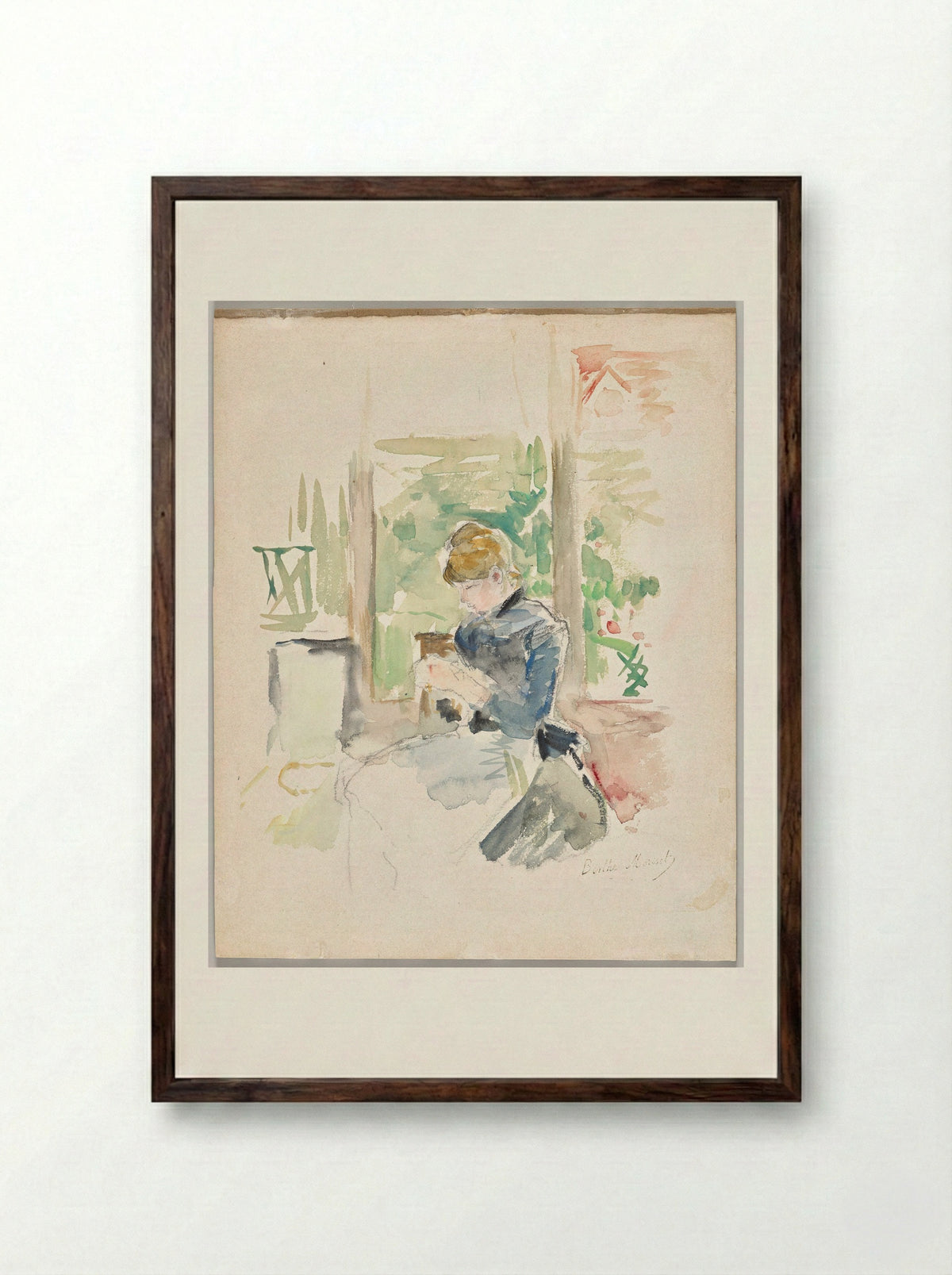 Sewing Near the Window - Berthe Morisot - Framed Print Dark Wood