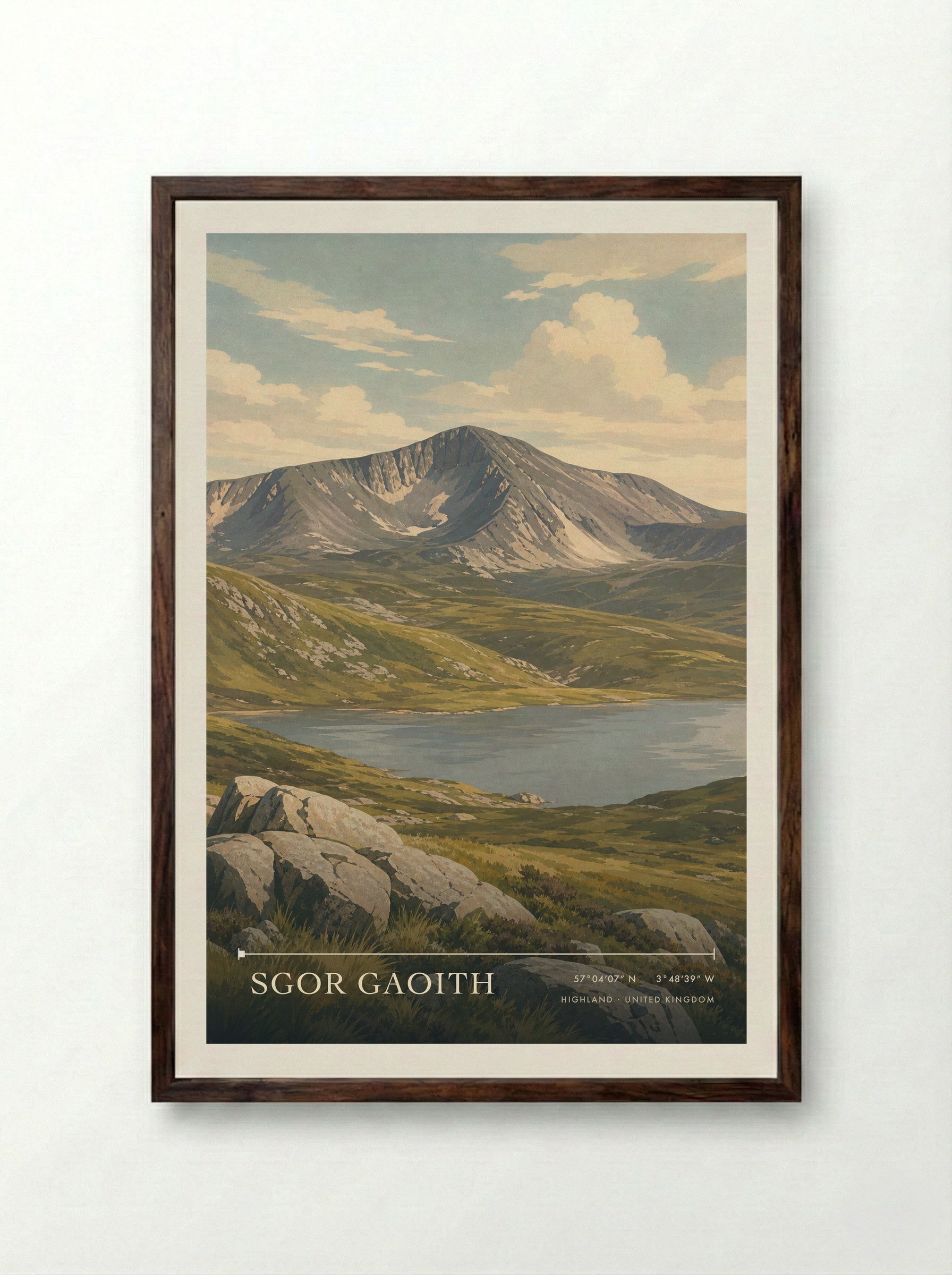 Sgor Gaoith Highland United Kingdom Travel Poster - Framed Print Dark Wood