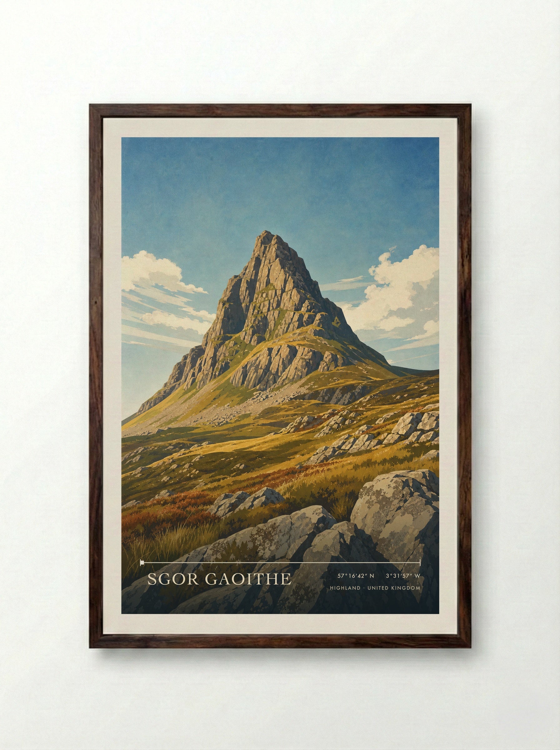 Sgor Gaoithe Highland United Kingdom Travel Poster - Framed Print Dark Wood