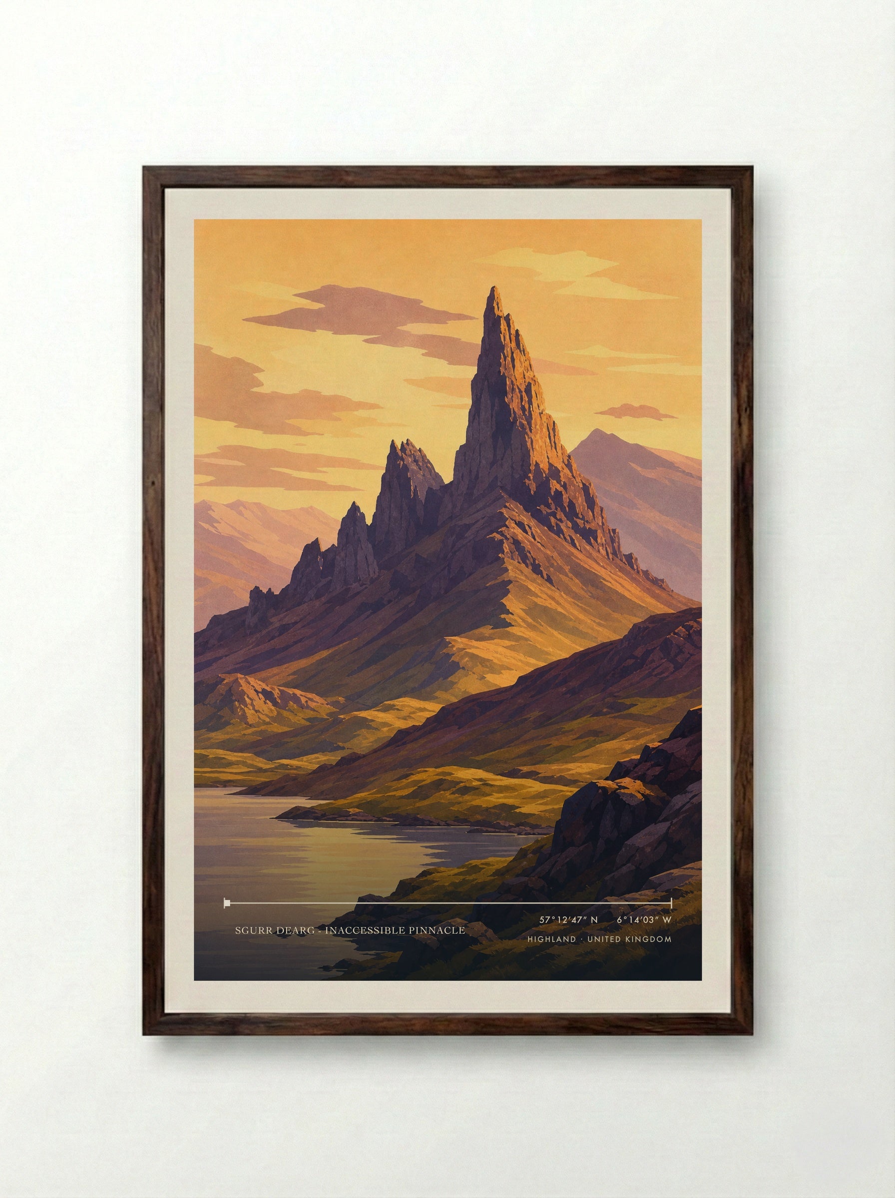 Sgurr Dearg - Inaccessible Pinnacle Highland United Kingdom Travel Poster - Framed Print Dark Wood