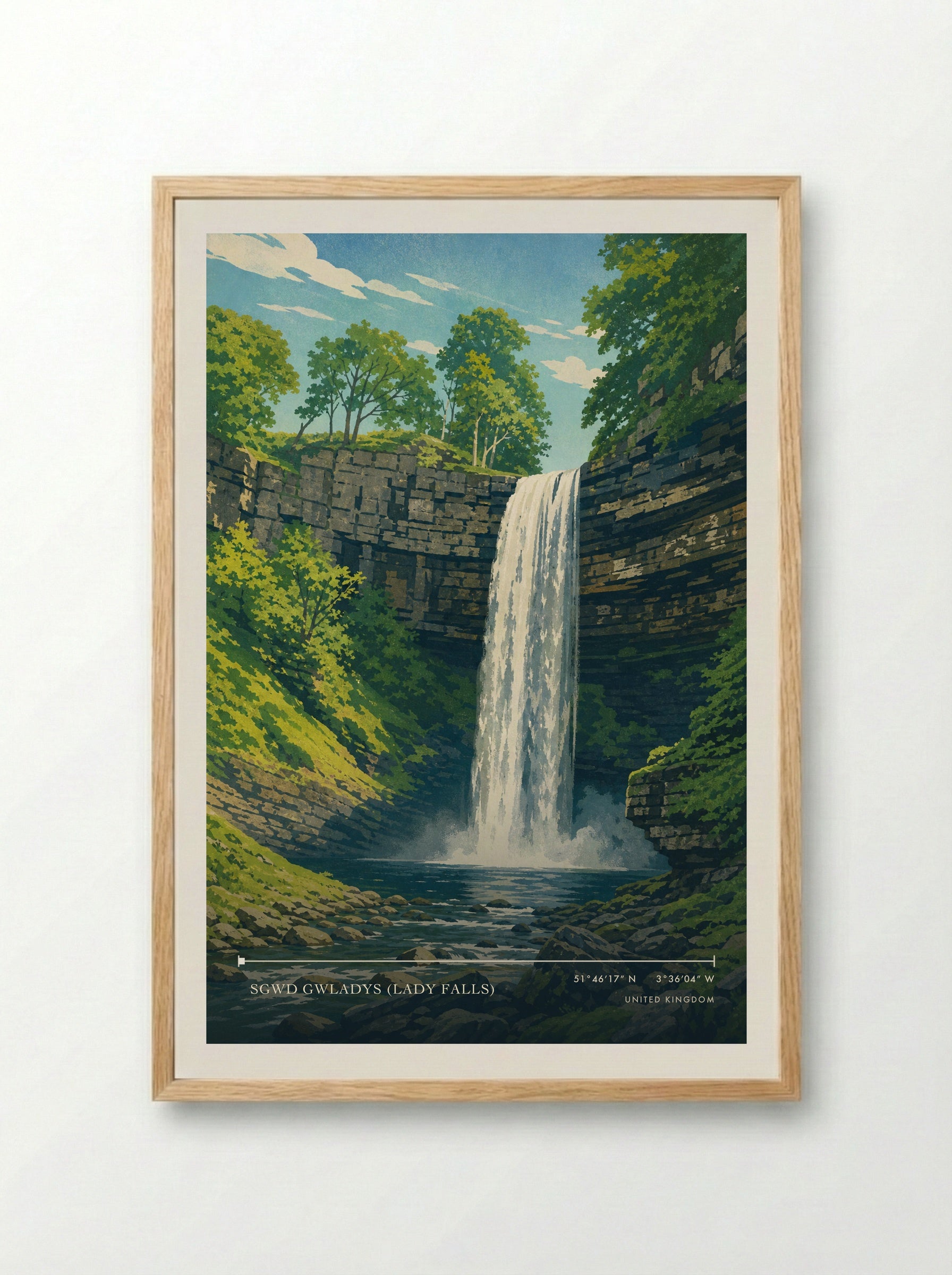 Sgwd Gwladys (Lady Falls) United Kingdom Travel Poster - Framed Print Wood