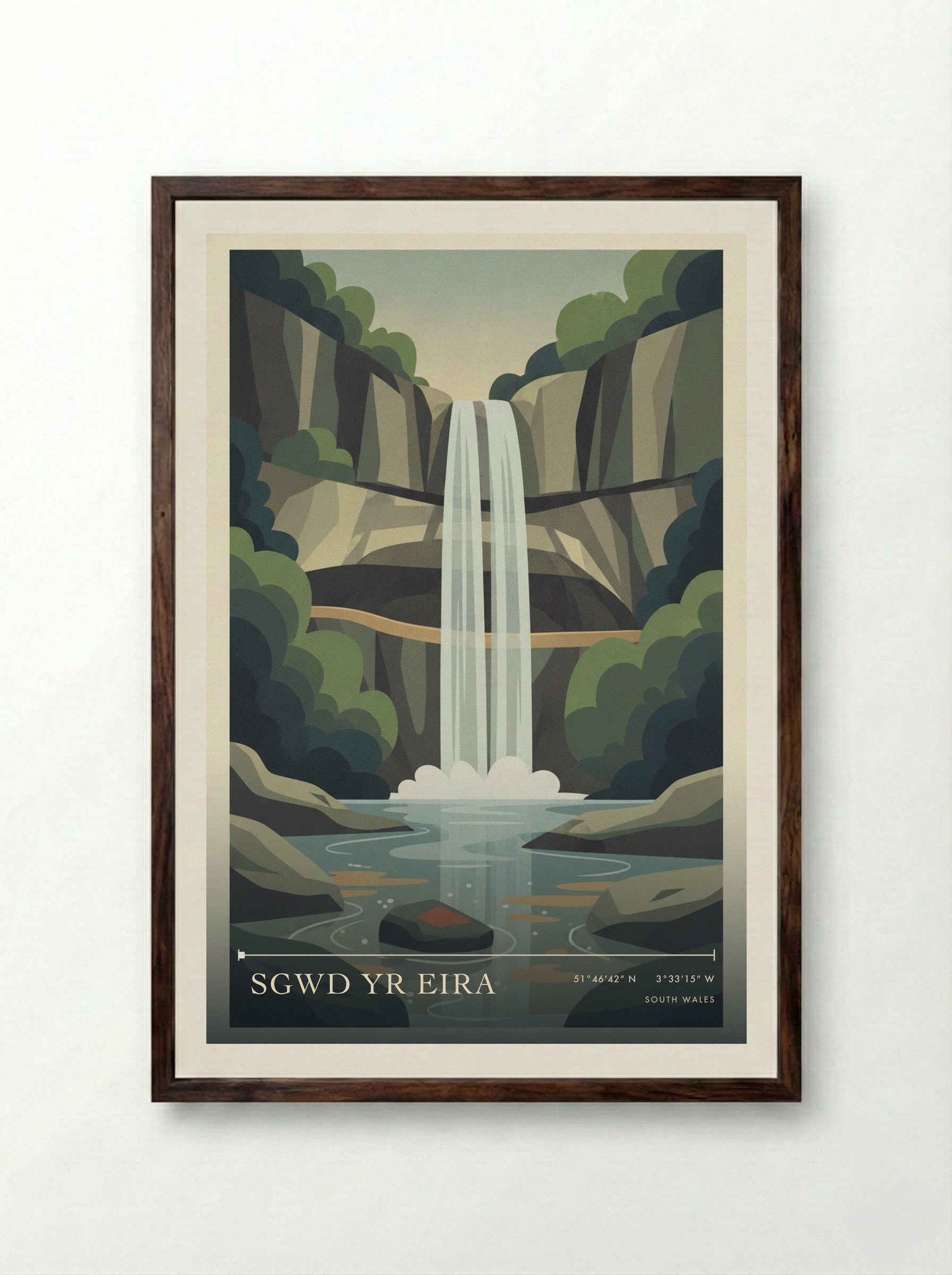 Sgwd Yr Eira South Wales Wales Travel Poster - Framed Print Dark Wood