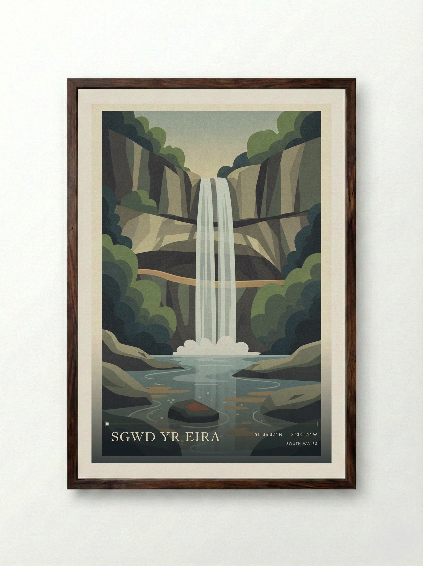 Sgwd Yr Eira South Wales Wales Travel Poster - Framed Print Dark Wood