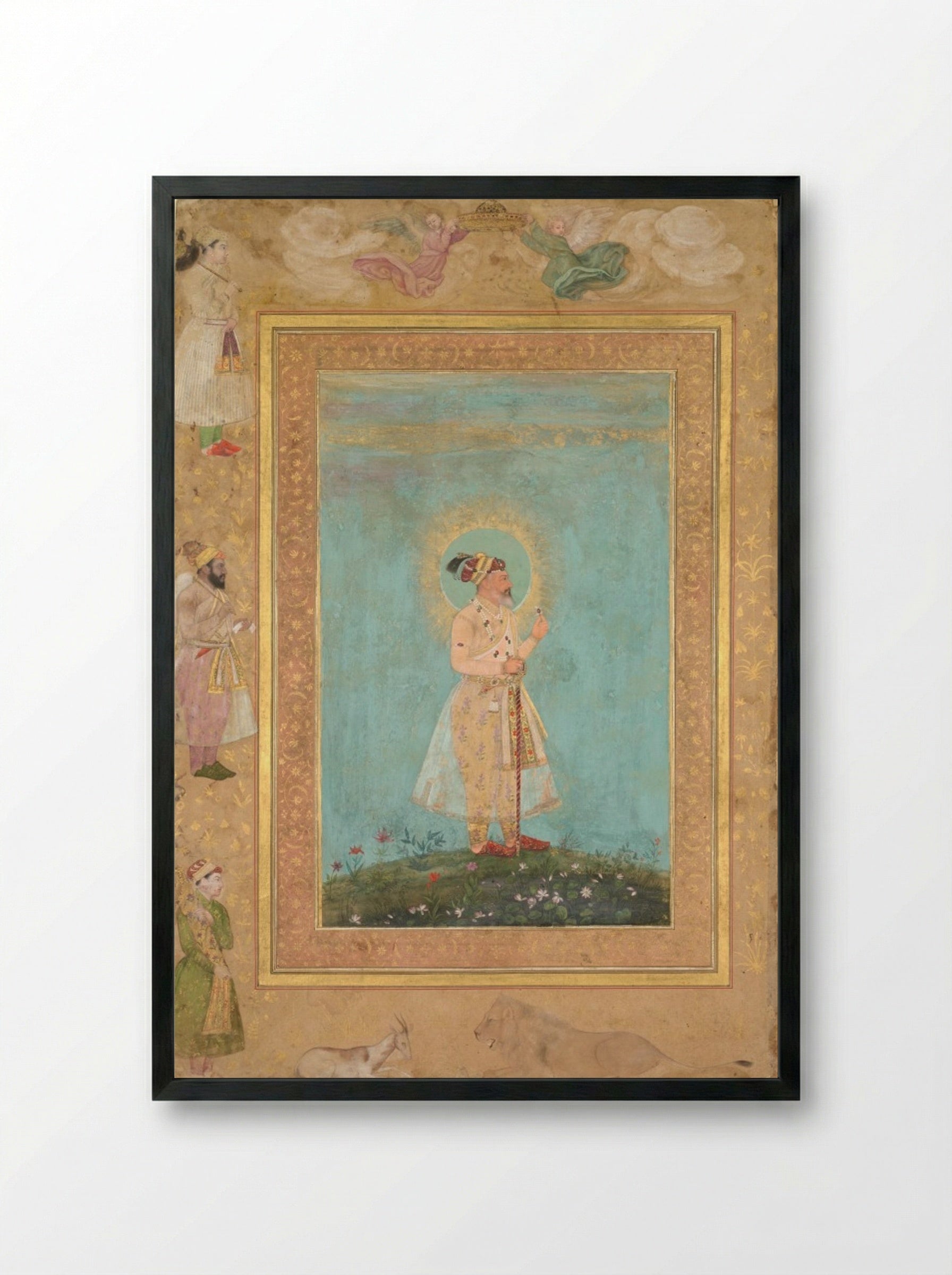 Shah Jahan holding a spinel and a long Deccan sword - Hashim - Framed Print Black