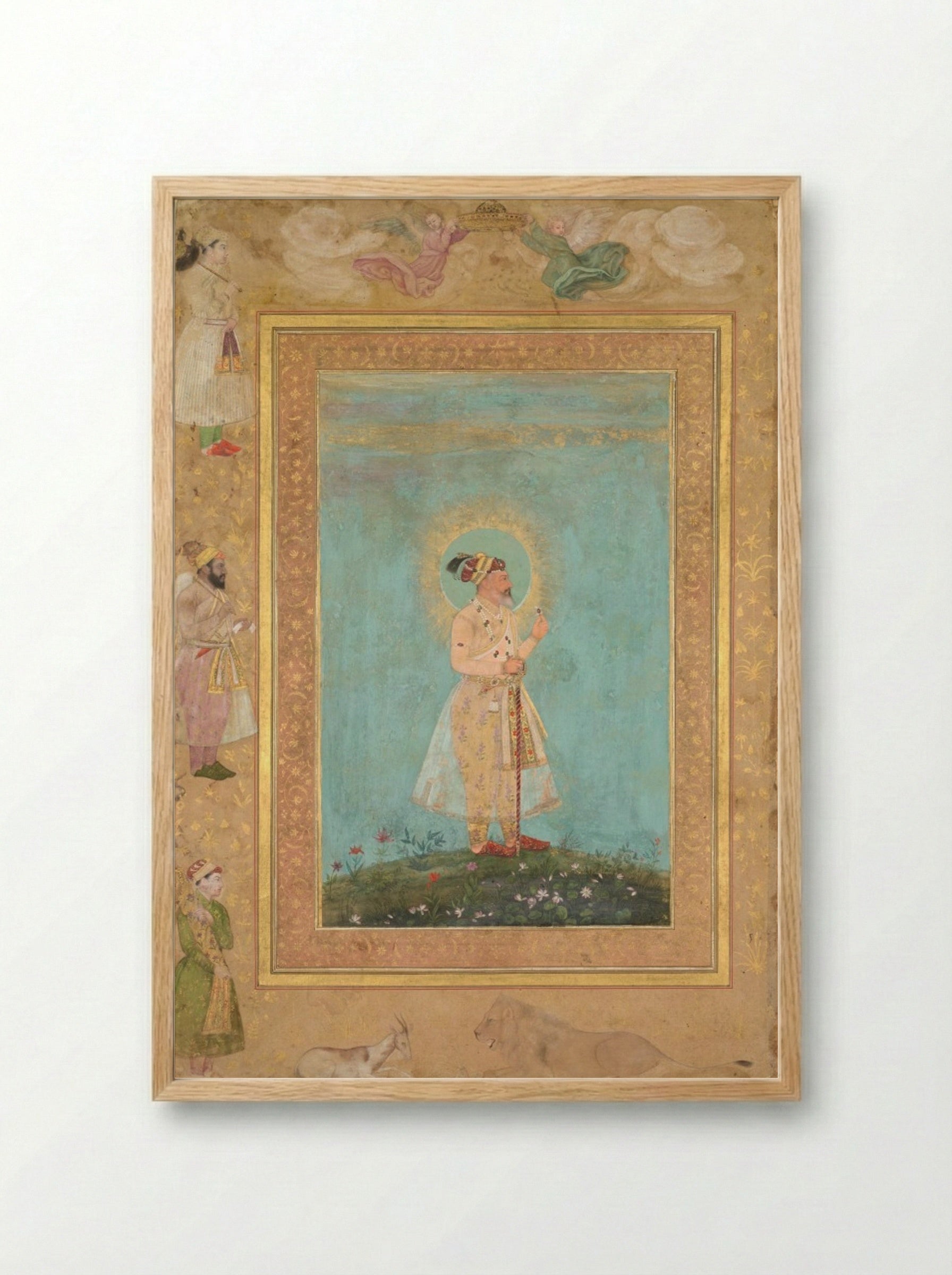 Shah Jahan holding a spinel and a long Deccan sword - Hashim - Framed Print Wood
