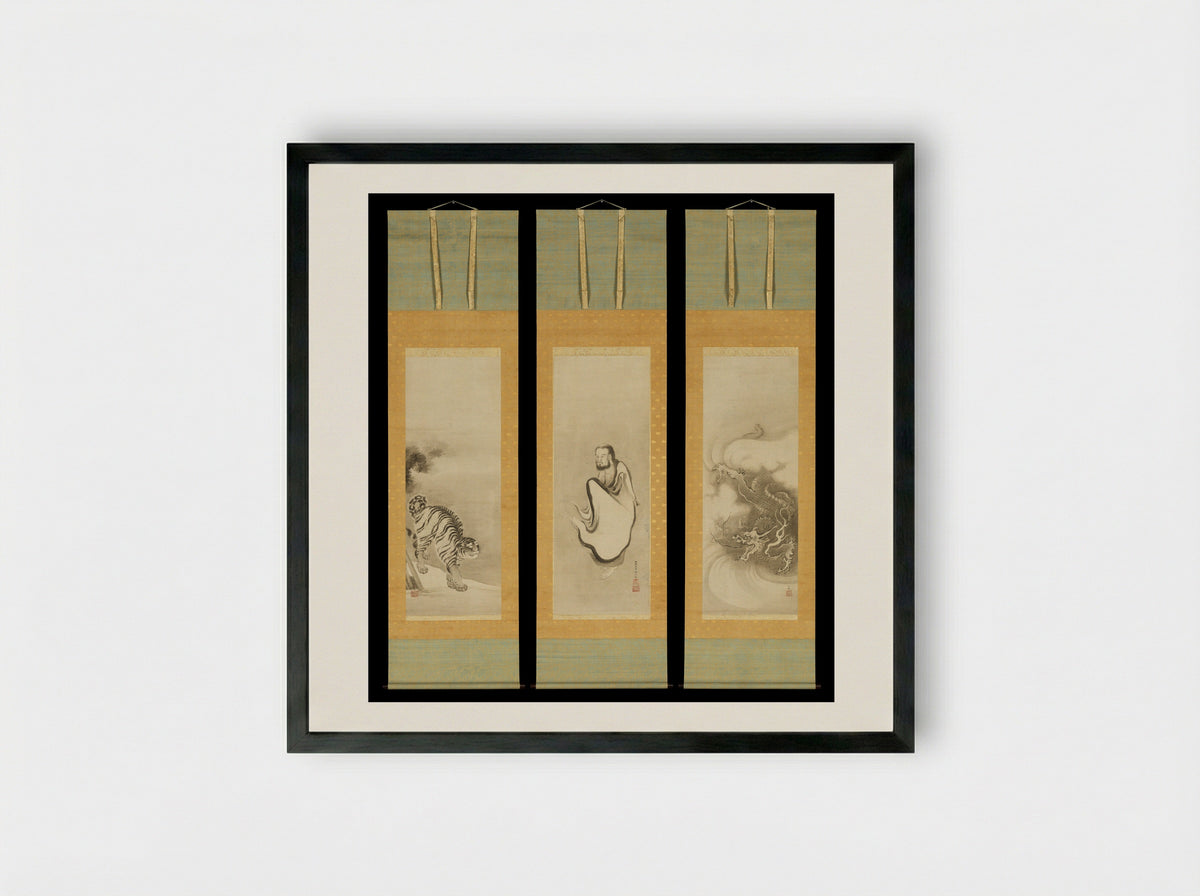 Shakyamuni Emerging from the Mountains, with Dragon and Tiger - Kano Sansetsu - Framed Print Black