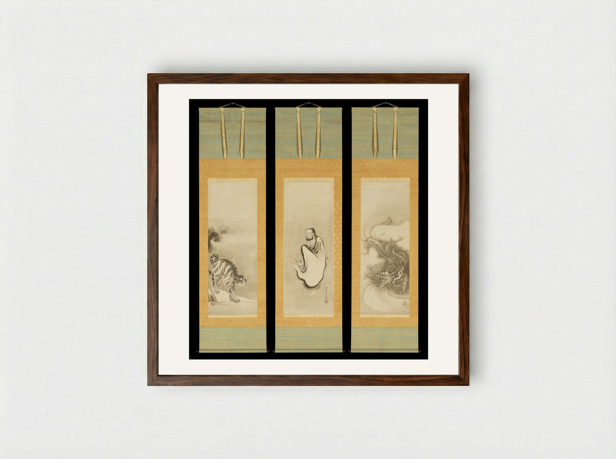 Shakyamuni Emerging from the Mountains, with Dragon and Tiger - Kano Sansetsu - Framed Print Dark Wood
