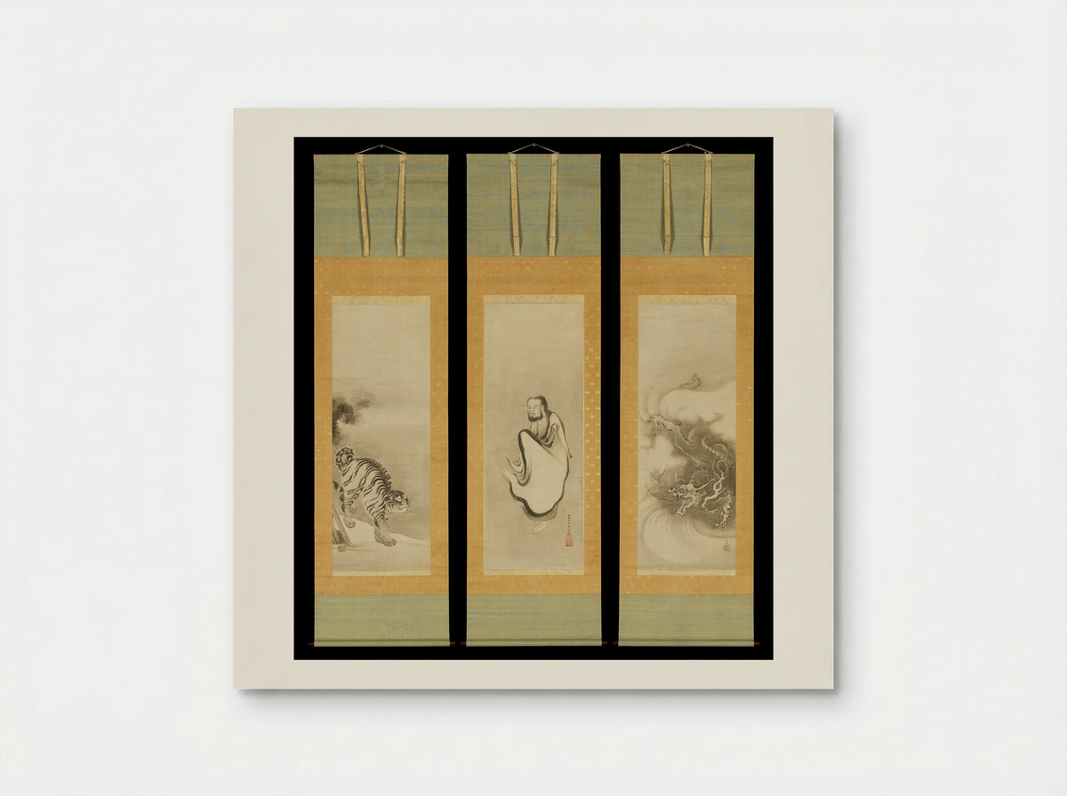 Shakyamuni Emerging from the Mountains, with Dragon and Tiger - Kano Sansetsu - Poster