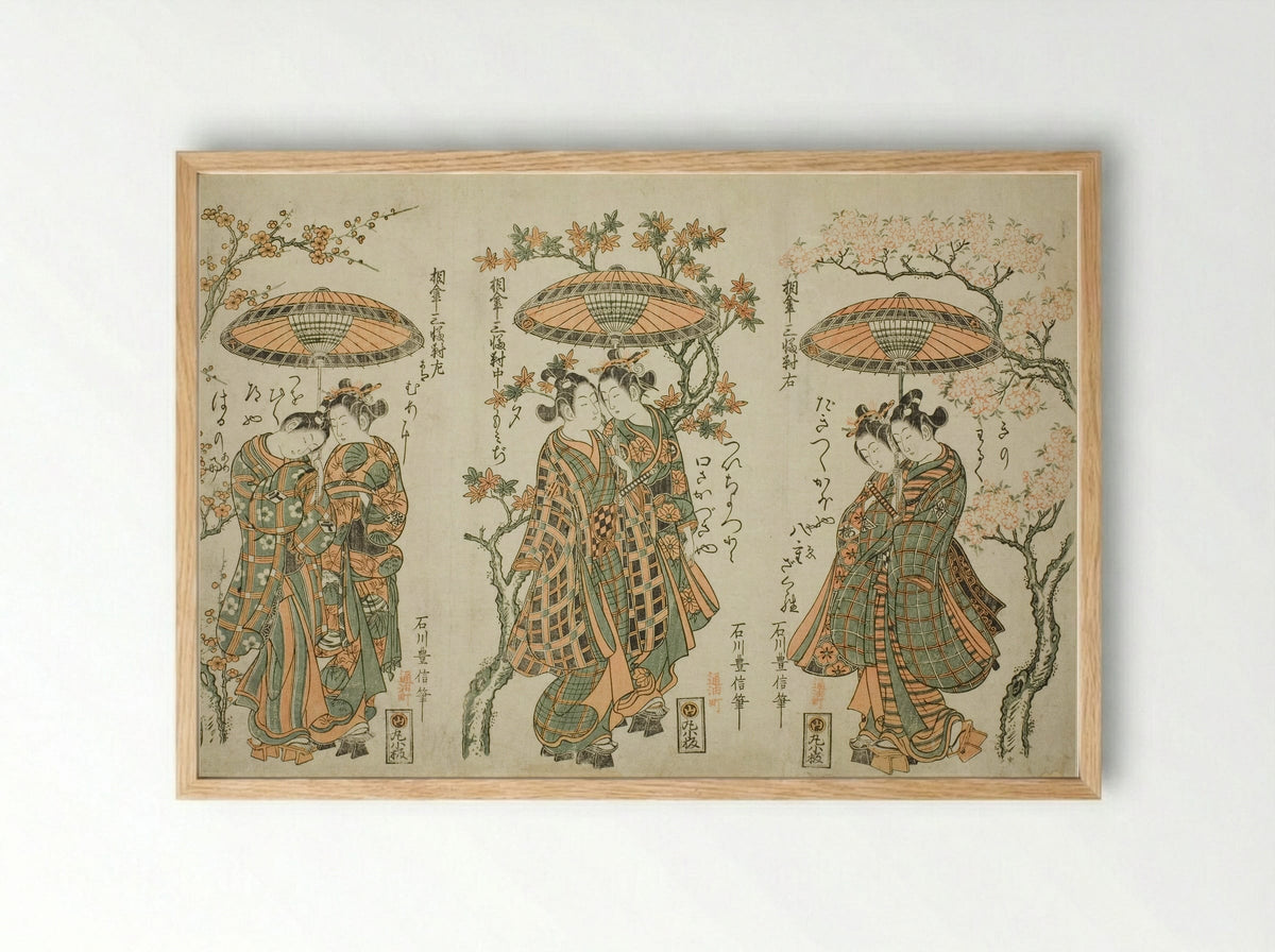 Sharing an Umbrella - A Set of Three (Aigasa sanpukutsui) - Ishikawa Toyonobu - Framed Print Wood