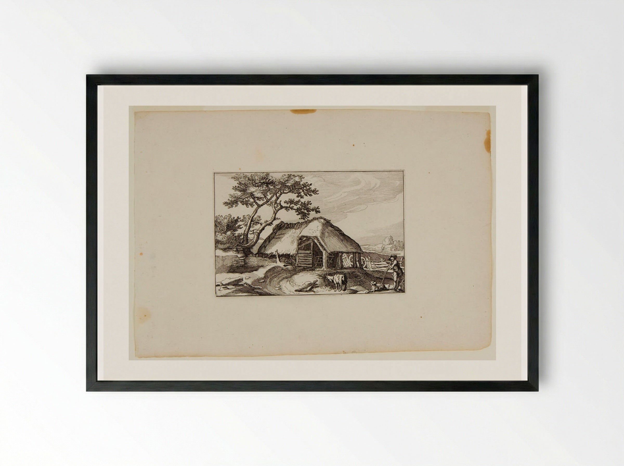 Shed with Goat, Dog, and Shepherd - Claes Jansz. Visscher - Framed Print Black