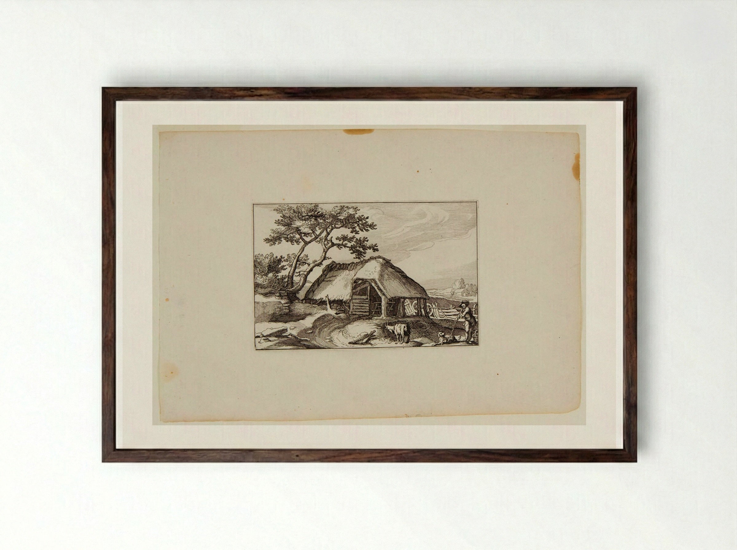 Shed with Goat, Dog, and Shepherd - Claes Jansz. Visscher - Framed Print Dark Wood
