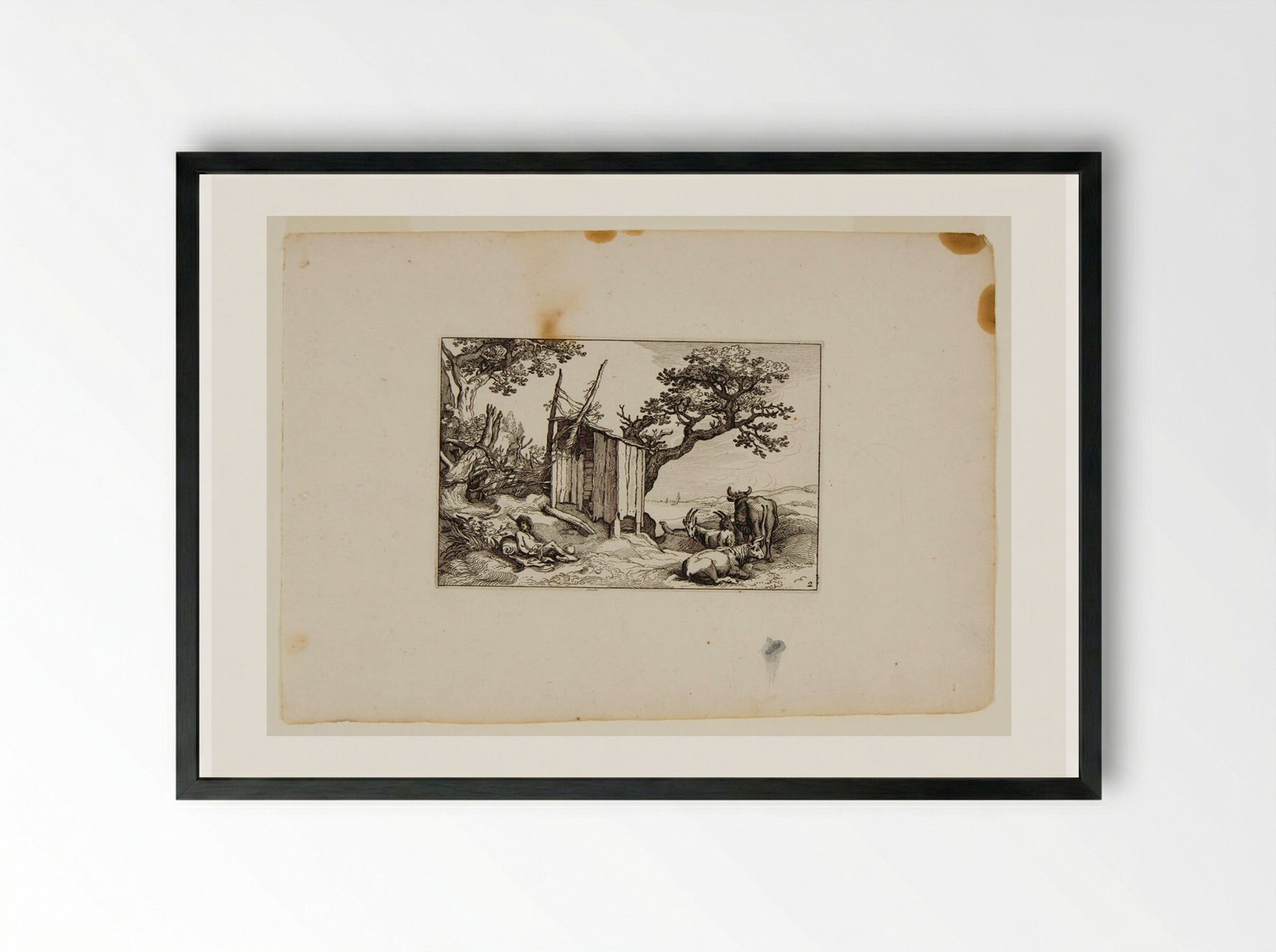 Shed with Herdsman to Left and Cows and Goats to Right - Claes Jansz. Visscher - Framed Print Black
