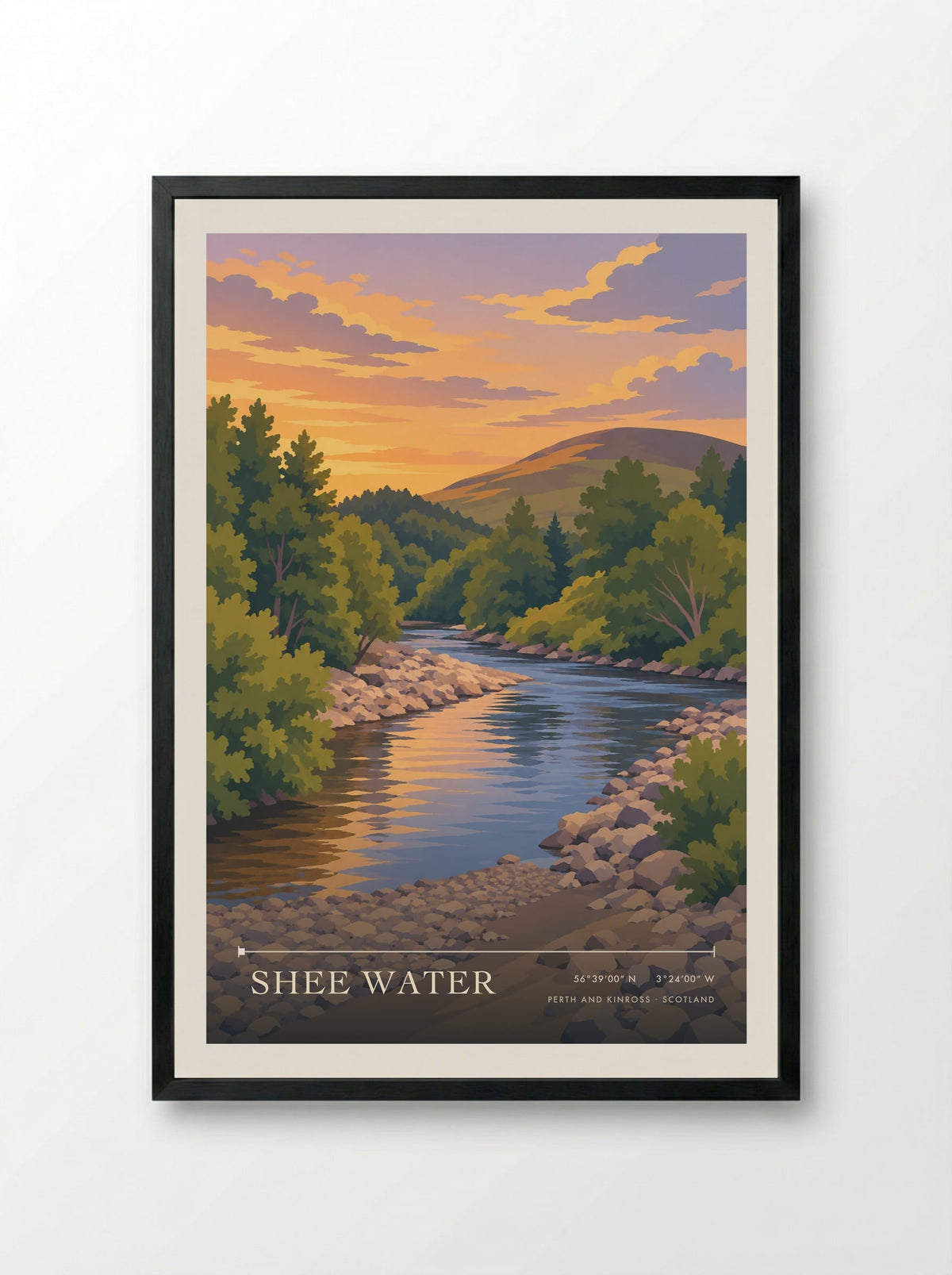 Shee Water, Perth and Kinross | Travel Poster - Framed Print Black