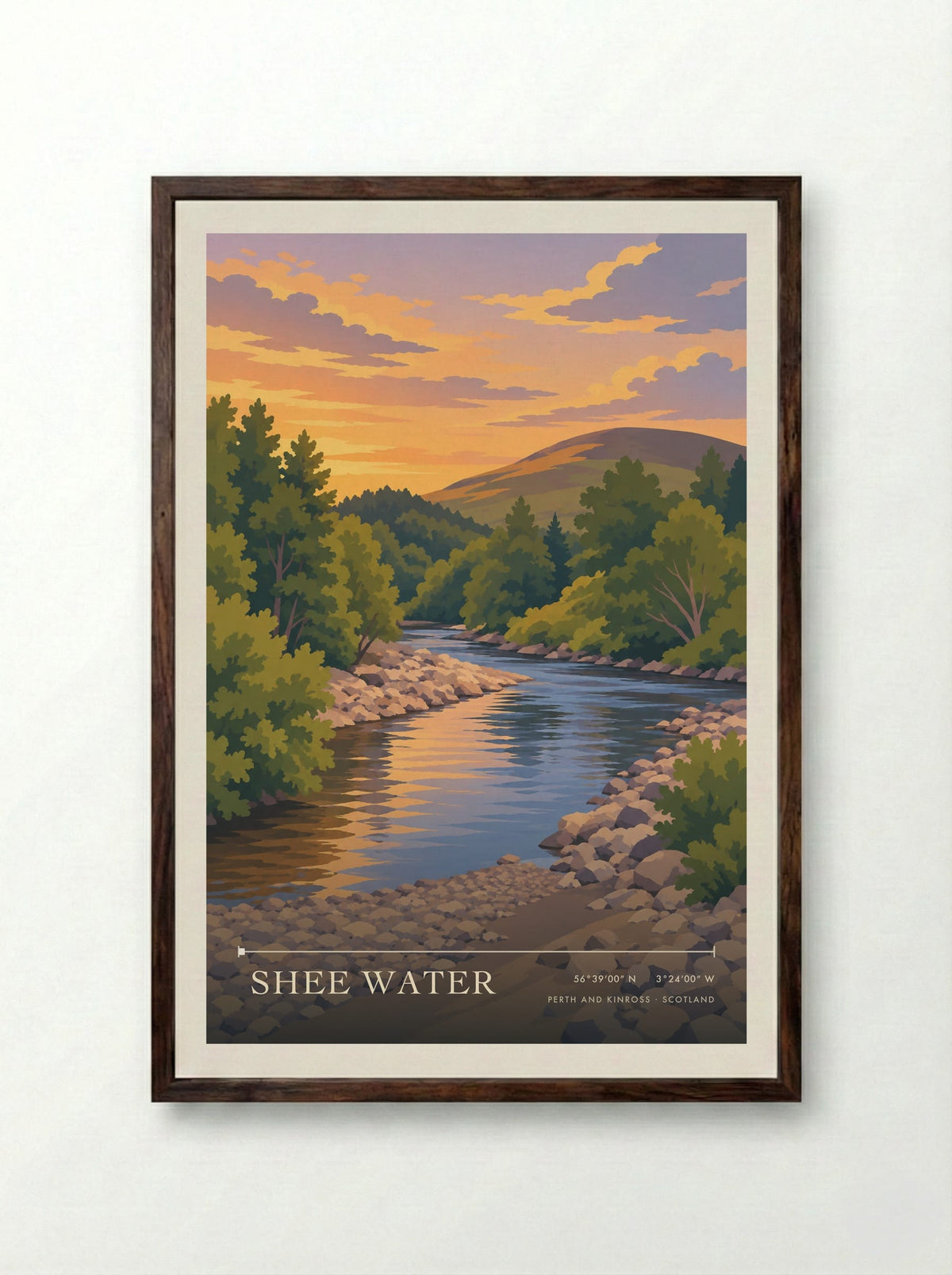 Shee Water, Perth and Kinross | Travel Poster - Framed Print Dark Wood