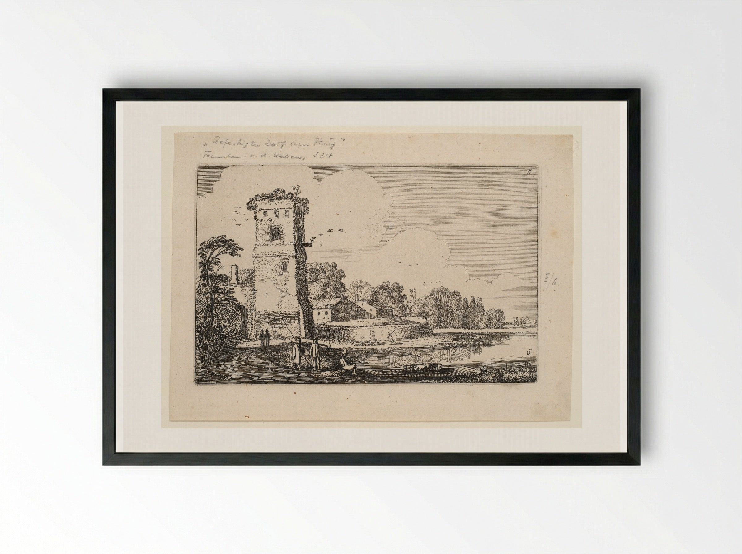 Sheep on a Ferry near a Square Tower and a Village Gate - Jan van de Velde II - Framed Print Black