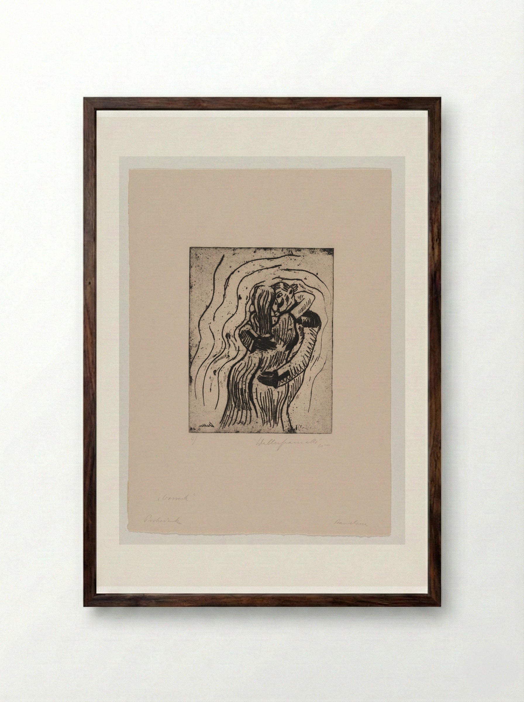 Sheet IV, Mary and the Drum Major Embrace - Walter Gramatté - Framed Print Dark Wood
