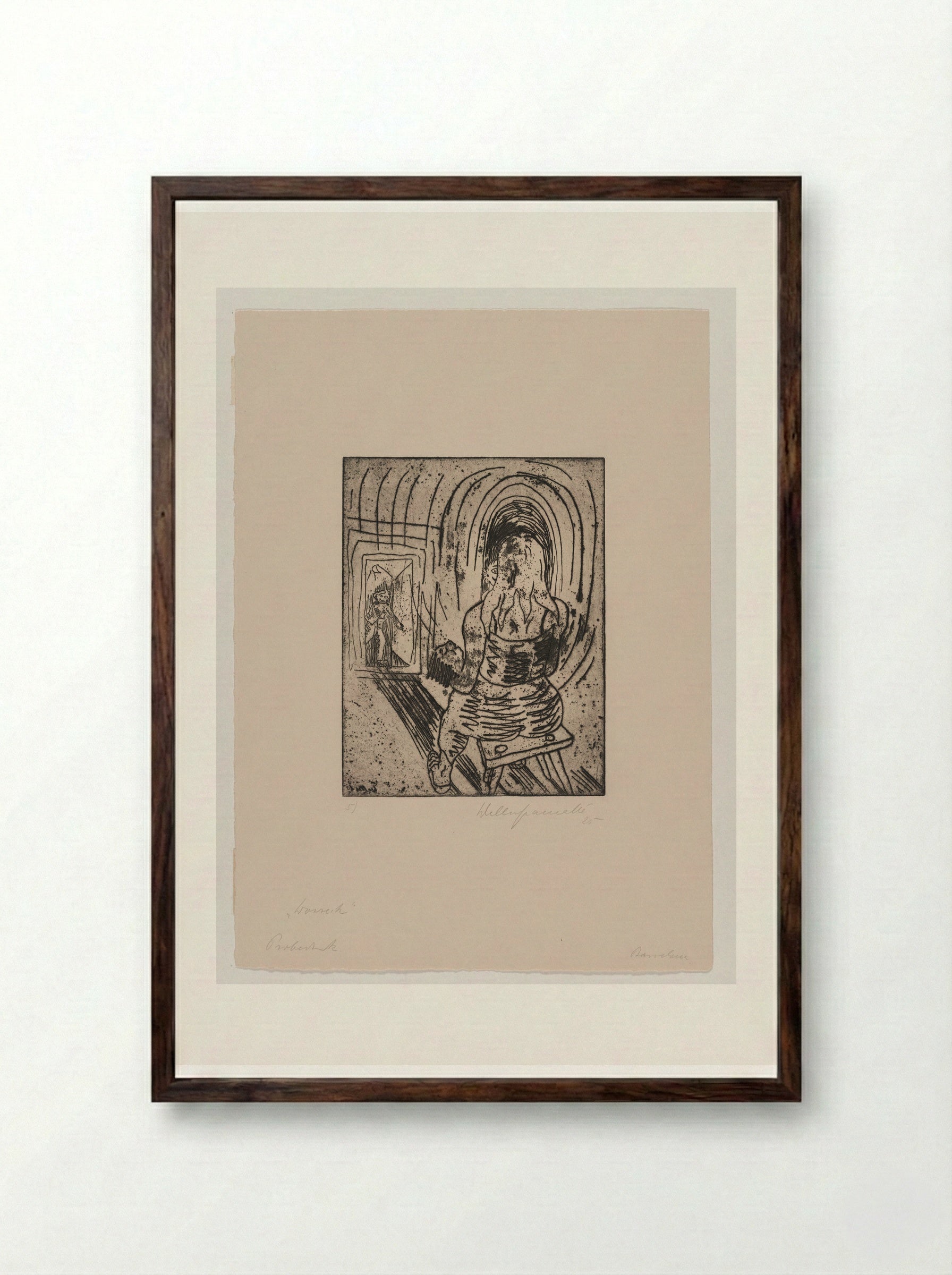 Sheet V, Mary with the Sleeping Boy in Her Arms in Front of the Mirror, Transfigured by the Ring of the Drum Major - Walter Gramatté - Framed Print Dark Wood