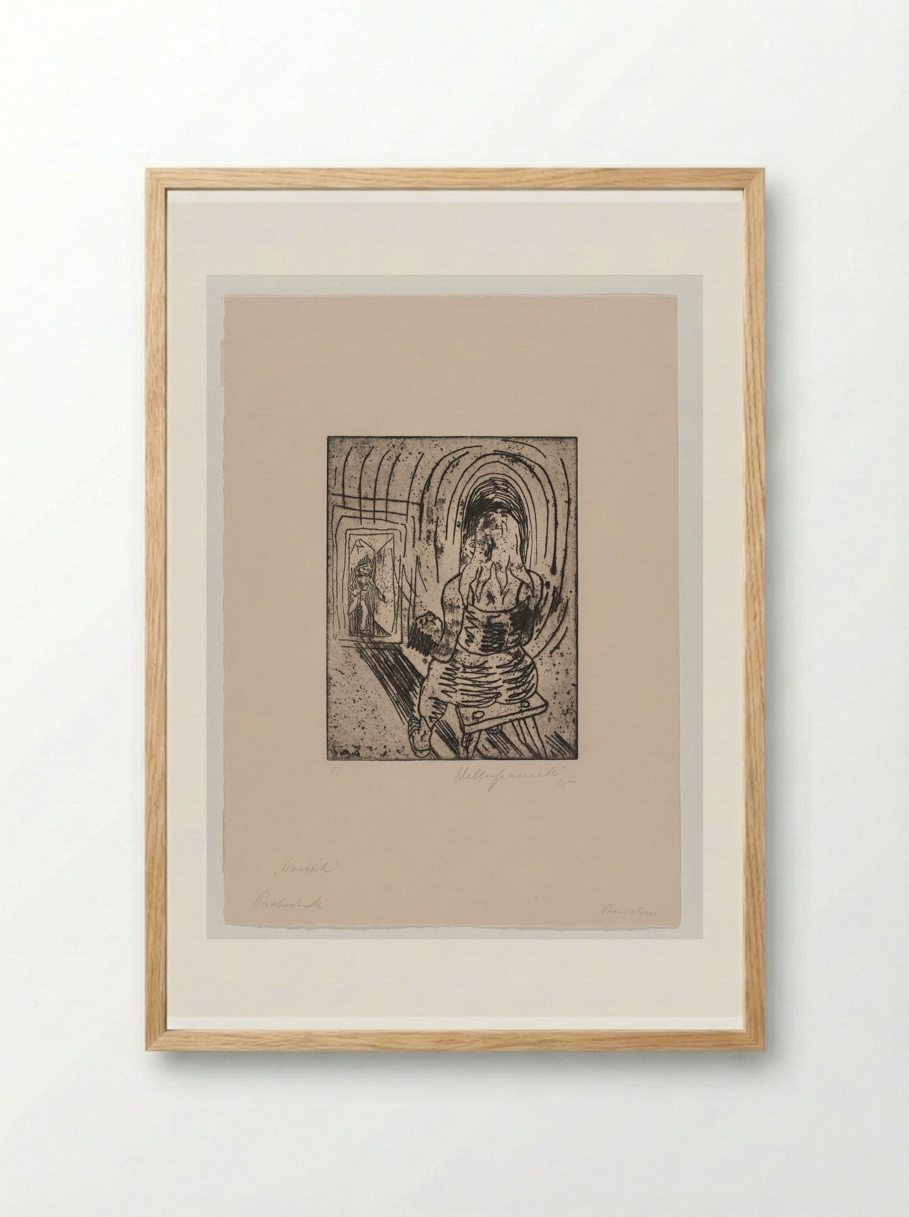 Sheet V, Mary with the Sleeping Boy in Her Arms in Front of the Mirror, Transfigured by the Ring of the Drum Major - Walter Gramatté - Framed Print Wood
