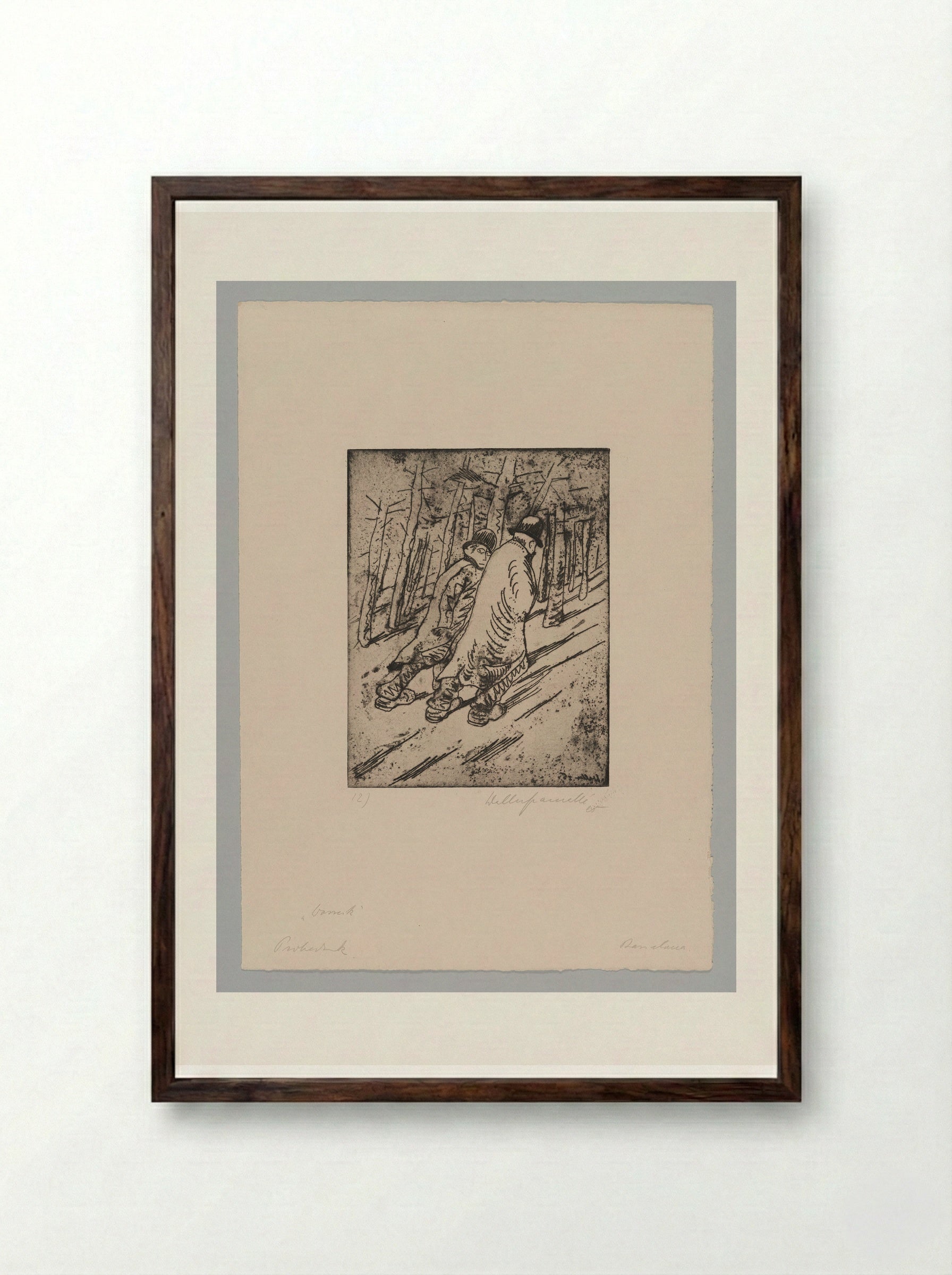 Sheet XII, Two Citizens Run Away As They Hear Noisy Sounds from the Pond - Walter Gramatté - Framed Print Dark Wood