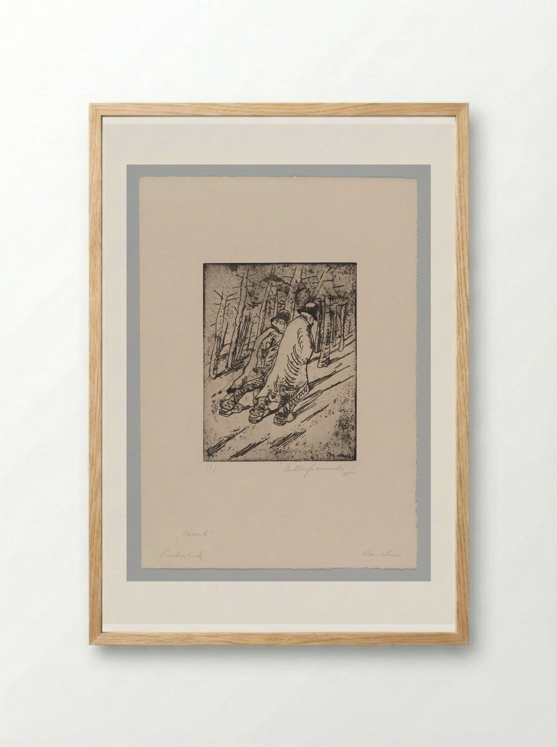 Sheet XII, Two Citizens Run Away As They Hear Noisy Sounds from the Pond - Walter Gramatté - Framed Print Wood
