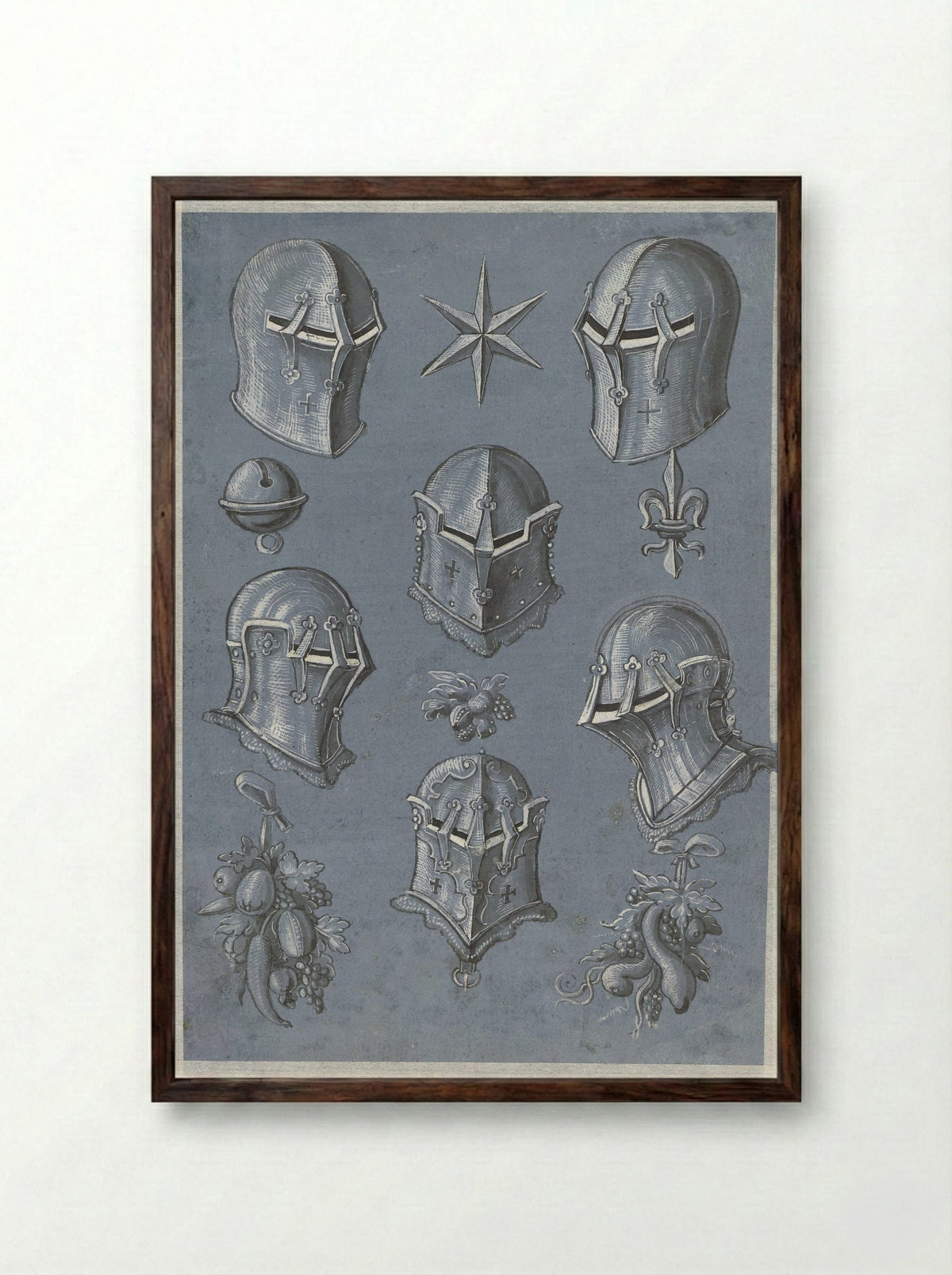 Sheet with Six Helmets - Monogrammist TA - Framed Print Dark Wood