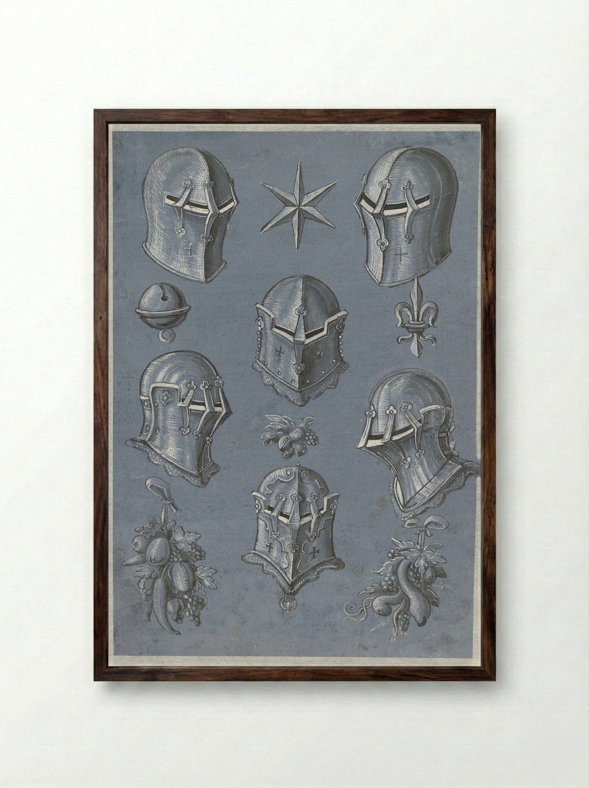 Sheet with Six Helmets - Monogrammist TA - Framed Print Dark Wood