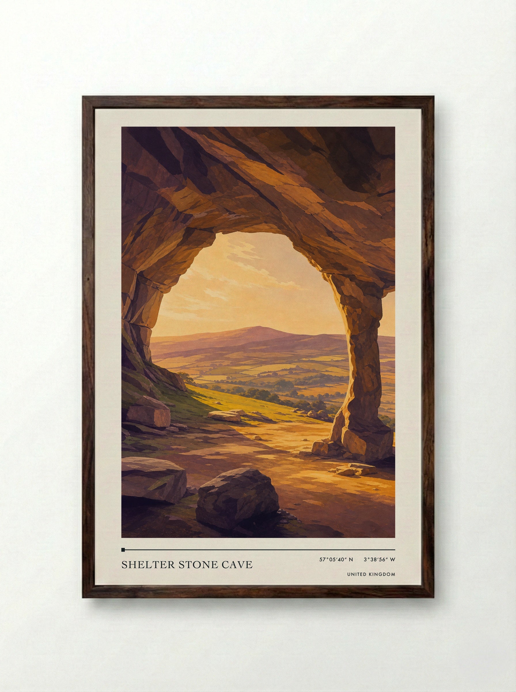 Shelter Stone Cave United Kingdom Travel Poster - Framed Print Dark Wood