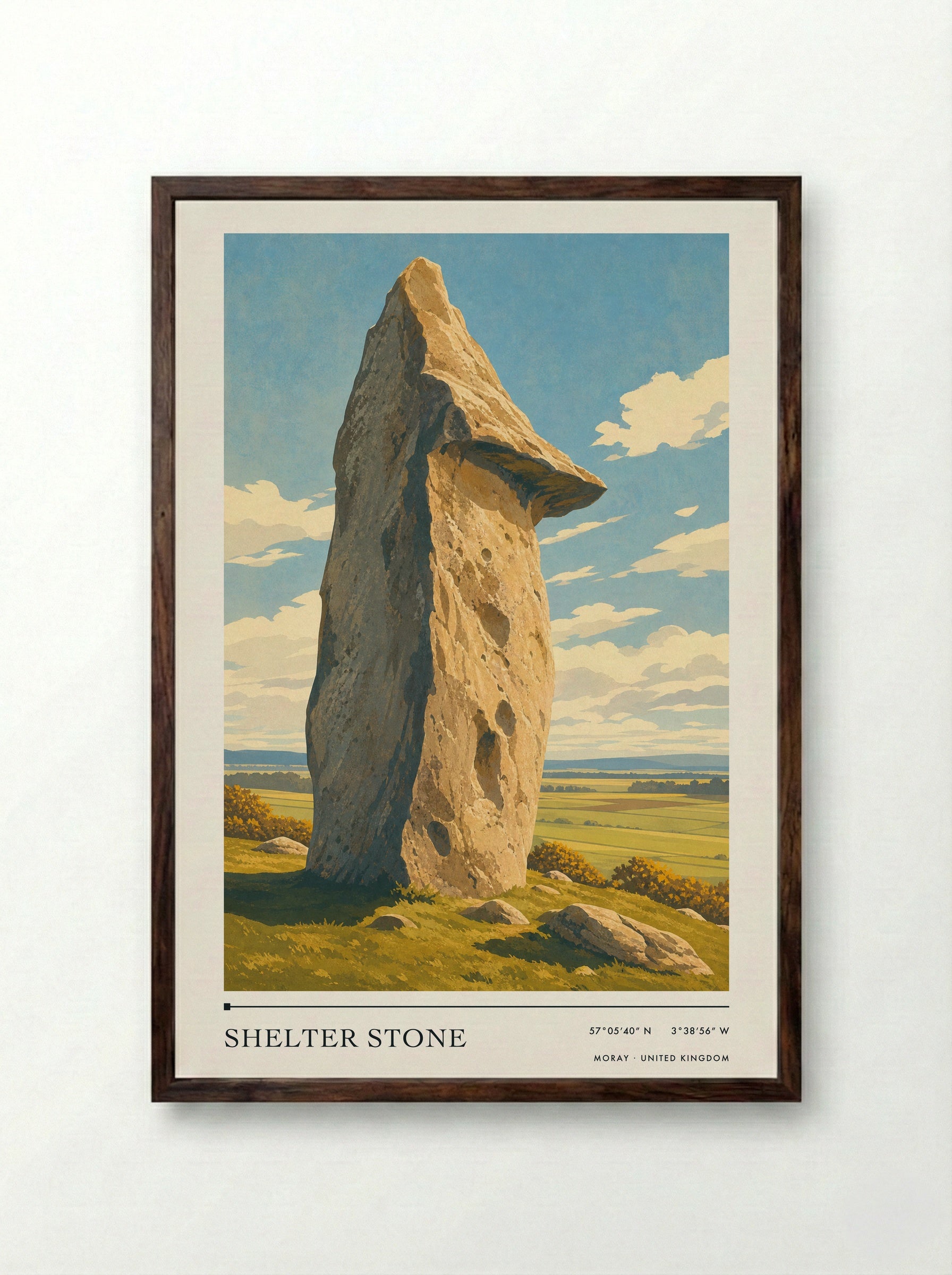 Shelter Stone Moray United Kingdom Travel Poster - Framed Print Dark Wood